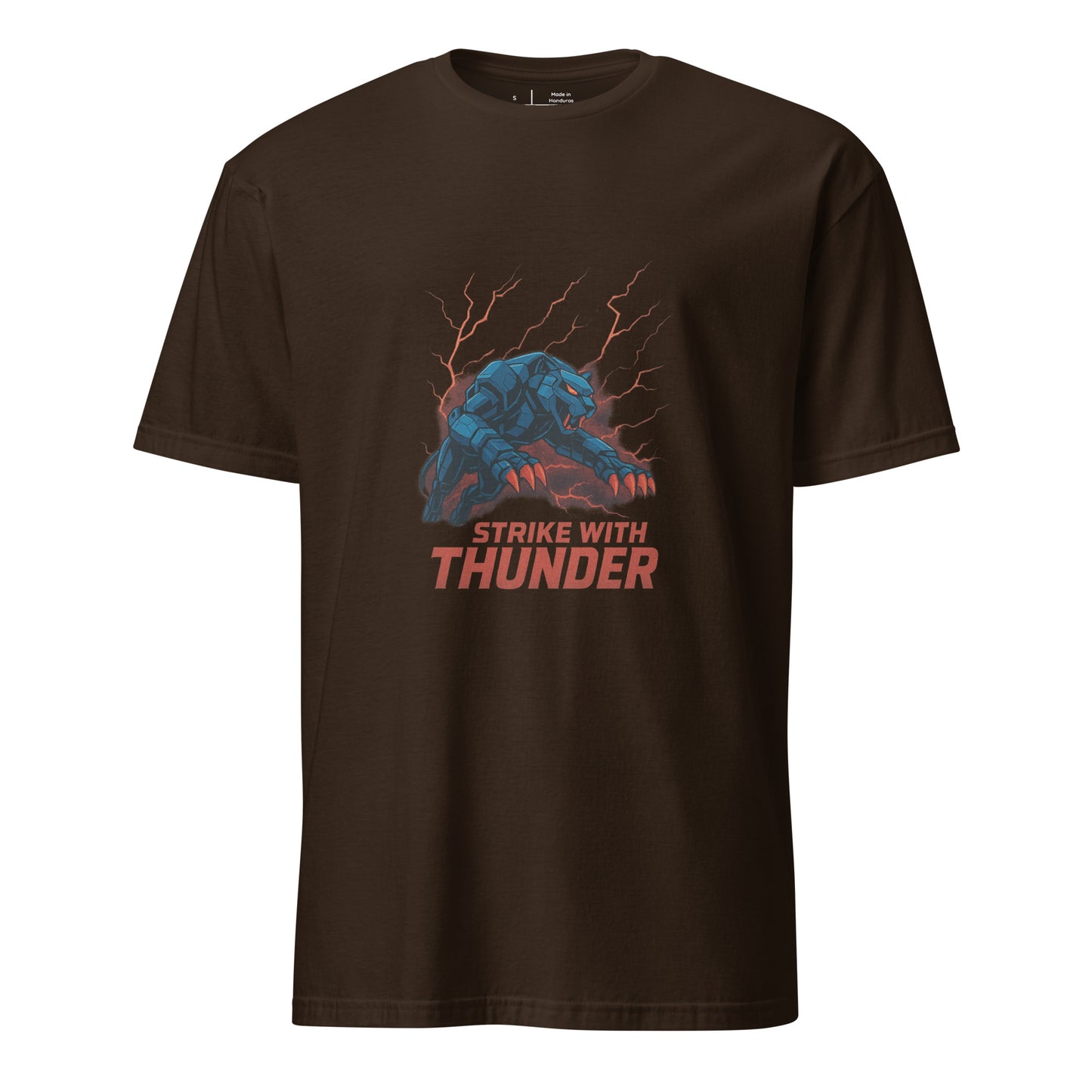 Mech-Panther Storm Unit – “Strike with Thunder.” - Short-Sleeve Unisex T-Shirt - Graphic Tee - Dark Chocolate - Front