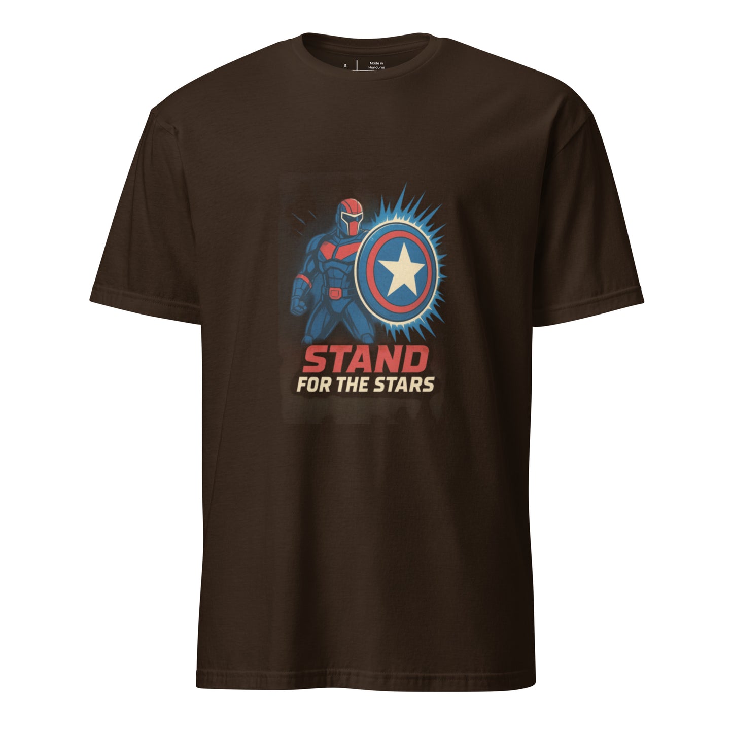 Galactic Sentinel Overwatch – “Stand for the Stars.” - Short-Sleeve Unisex T-Shirt - Graphic Tee - Dark Chocolate - Front