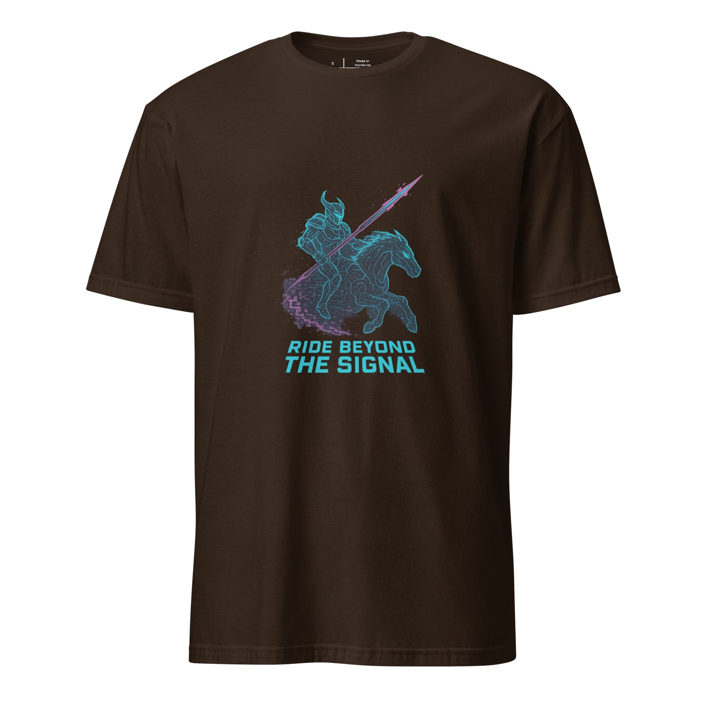 Neon Wraith Dragoon – “Ride Beyond the Signal.” - Short-Sleeve Unisex T-Shirt - Graphic Tee - Dark Chocolate - Front