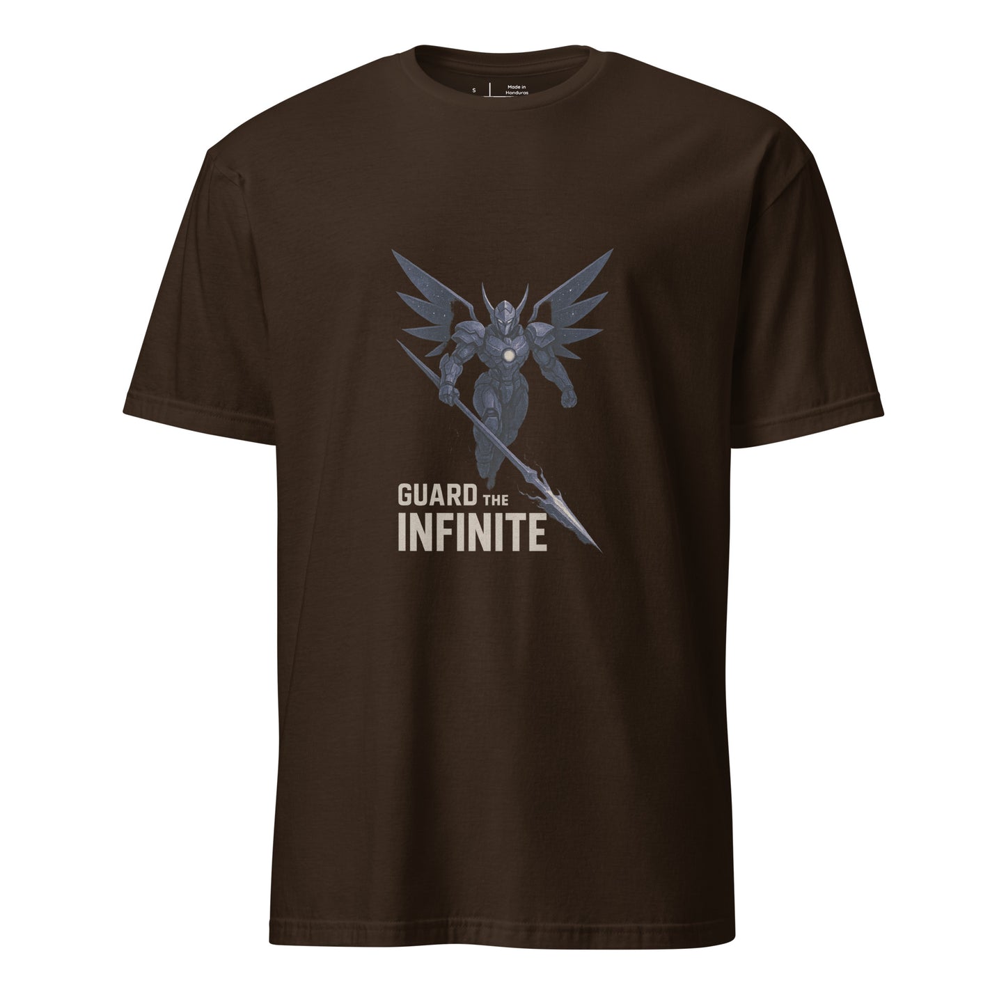 Void Seraph Enforcer – “Guard the Infinite.” - Short-Sleeve Unisex T-Shirt - Graphic Tee - Dark Chocolate - Front
