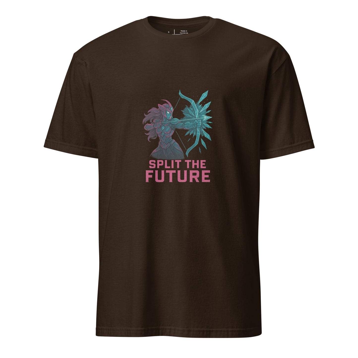 Quantum Prism Huntress – “Split the Future.” - Short-Sleeve Unisex T-Shirt - Graphic Tee - Dark Chocolate - Front