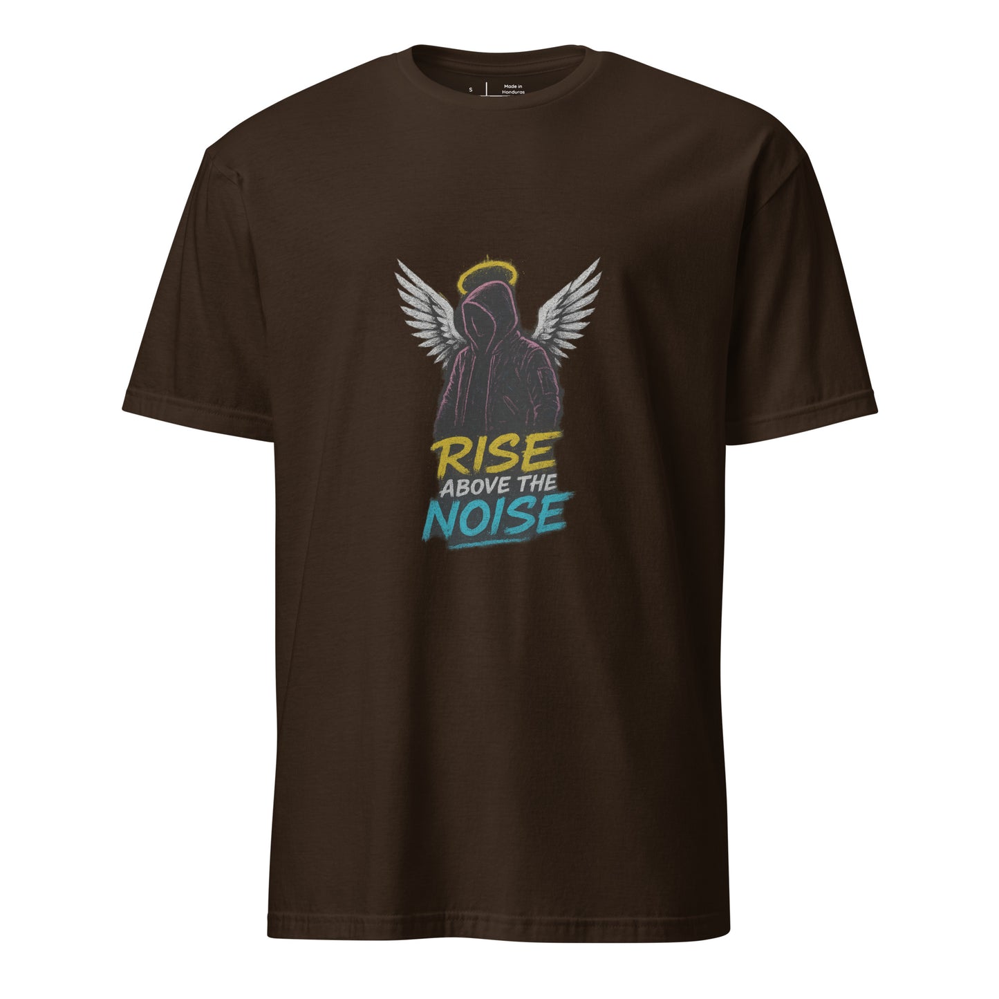 Urban Angelic Riot – “Rise Above the Noise.” - Short-Sleeve Unisex T-Shirt - Graphic Tee - Dark Chocolate - Front