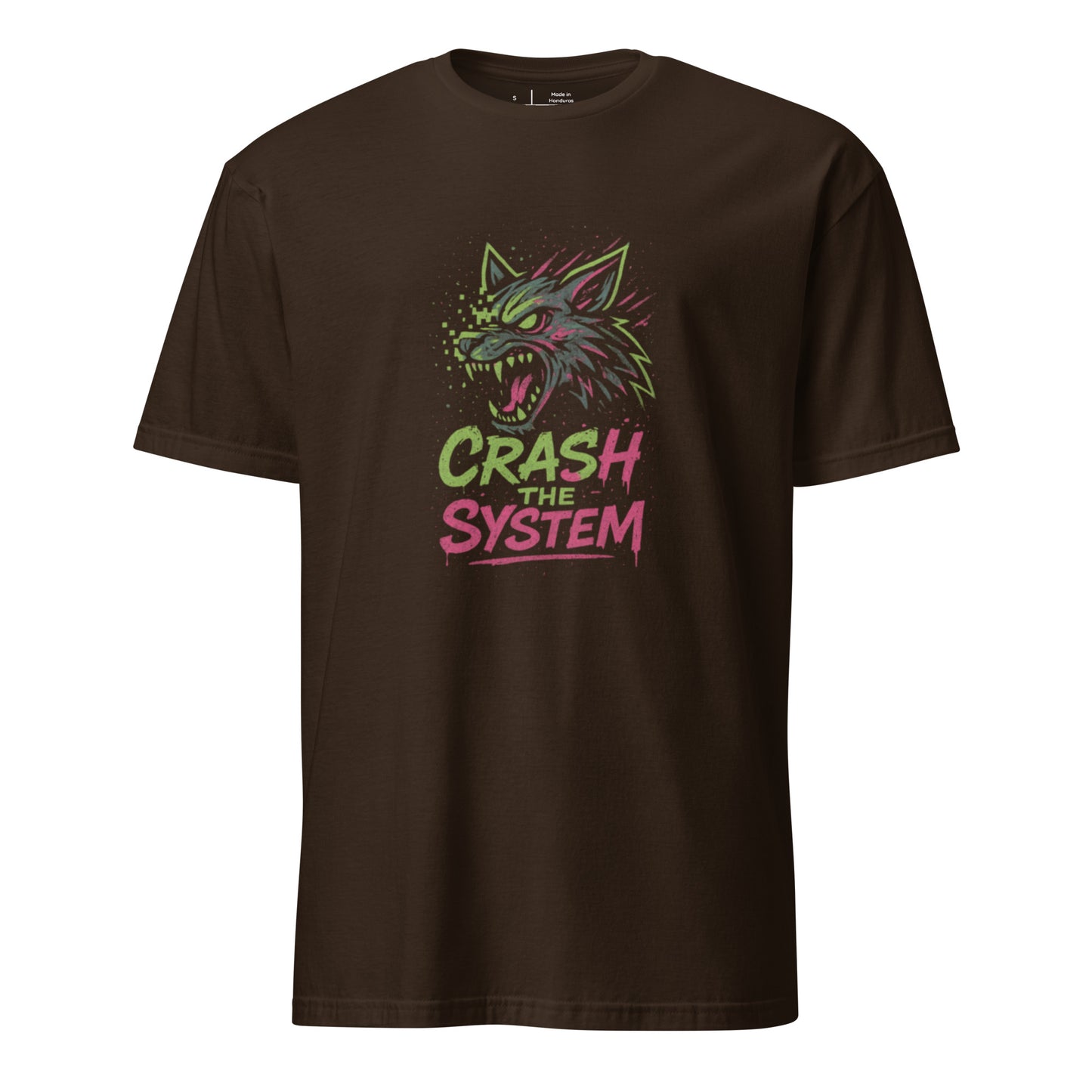 Pixel Spray Ravager – Crash the System - Short-Sleeve Unisex T-Shirt - Graphic Tee - Dark Chocolate - Front