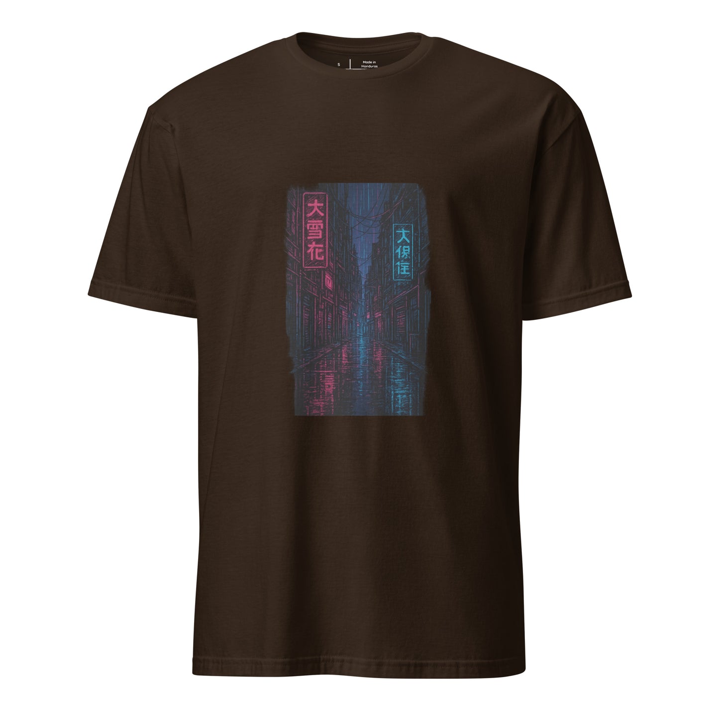 Neon Rain Alley – Cyberpunk Street Art - Short-Sleeve Unisex T-Shirt - Graphic Tee - Dark Chocolate - Front