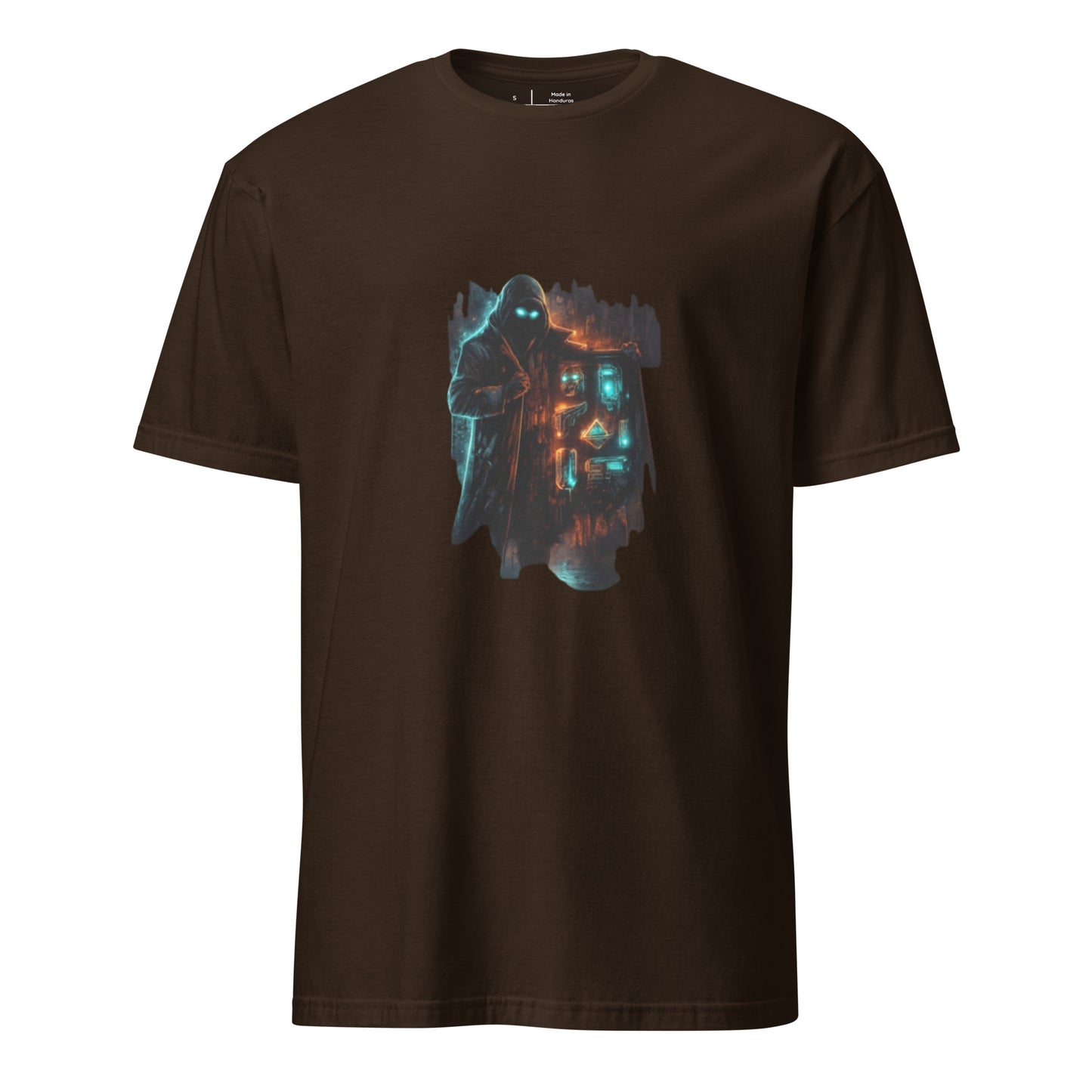 Cyber Relic Dealer – Urban Sci-Fi Graffiti  - Short-Sleeve Unisex T-Shirt - Graphic Tee - Dark Chocolate - Front
