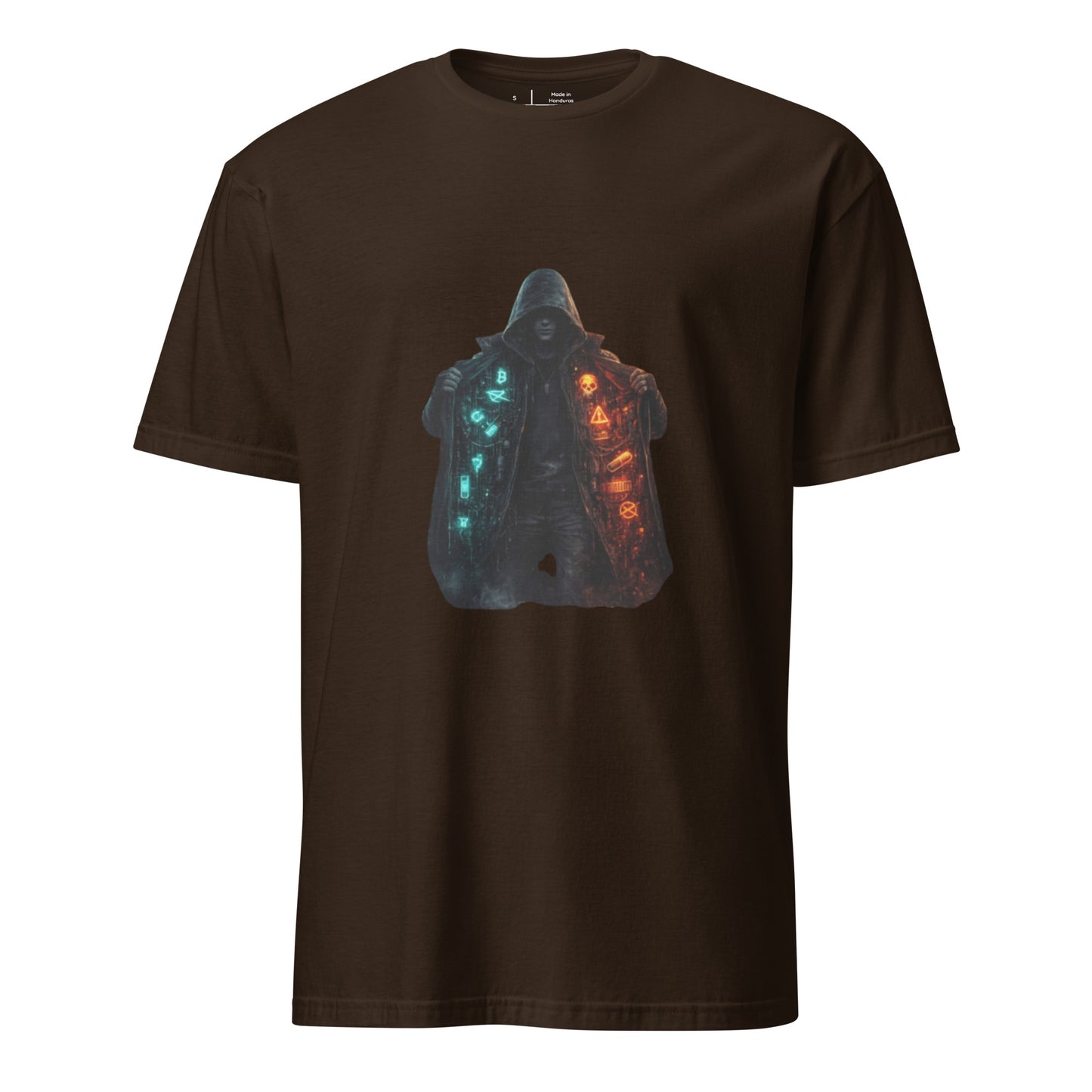 Neon Truth Smuggler – Cyber Streetwear - Short-Sleeve Unisex T-Shirt - Graphic Tee - Dark Chocolate - Front