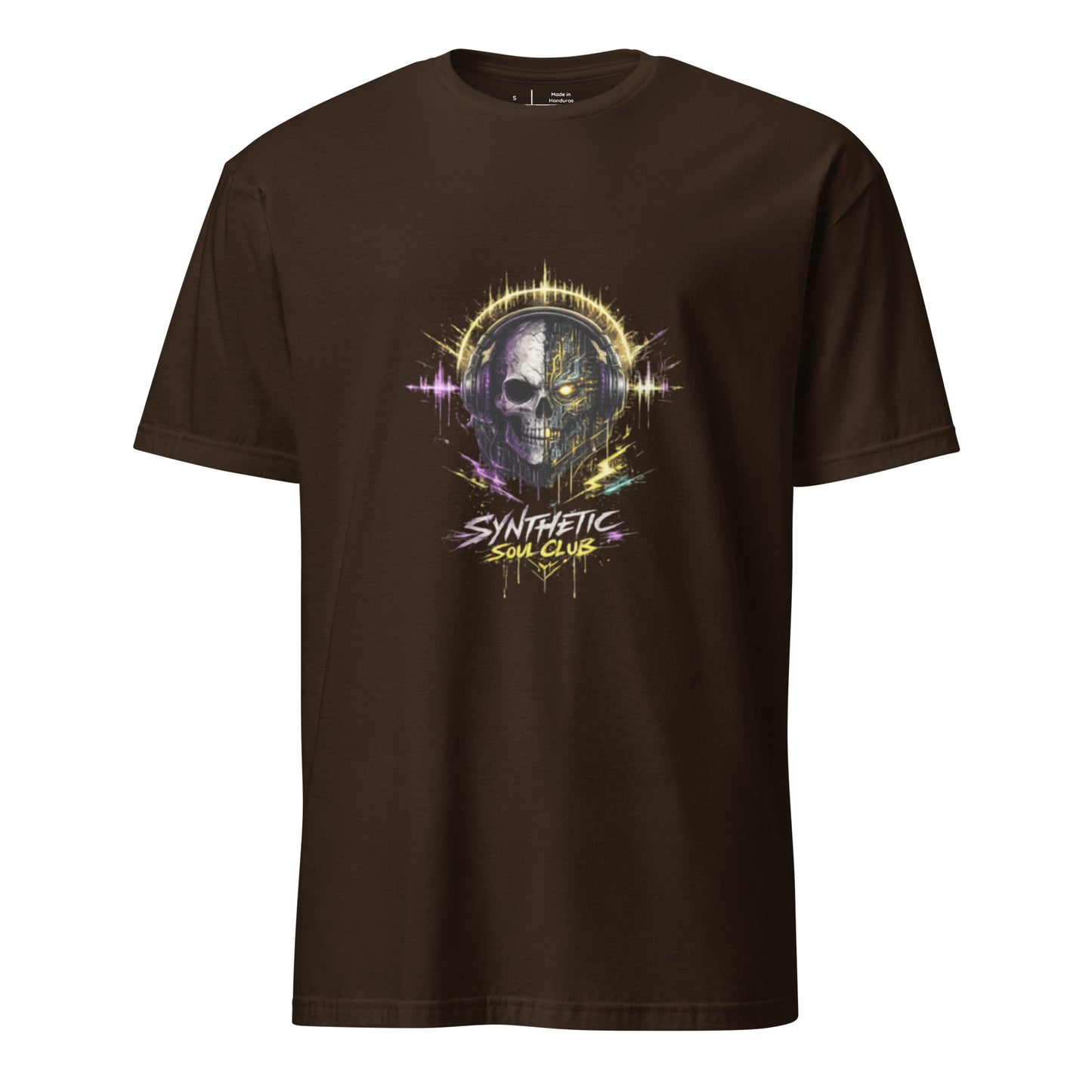 Synthetic Soul Club – Cyberpunk Music - Short-Sleeve Unisex T-Shirt - Graphic Tee - Dark Chocolate - Front