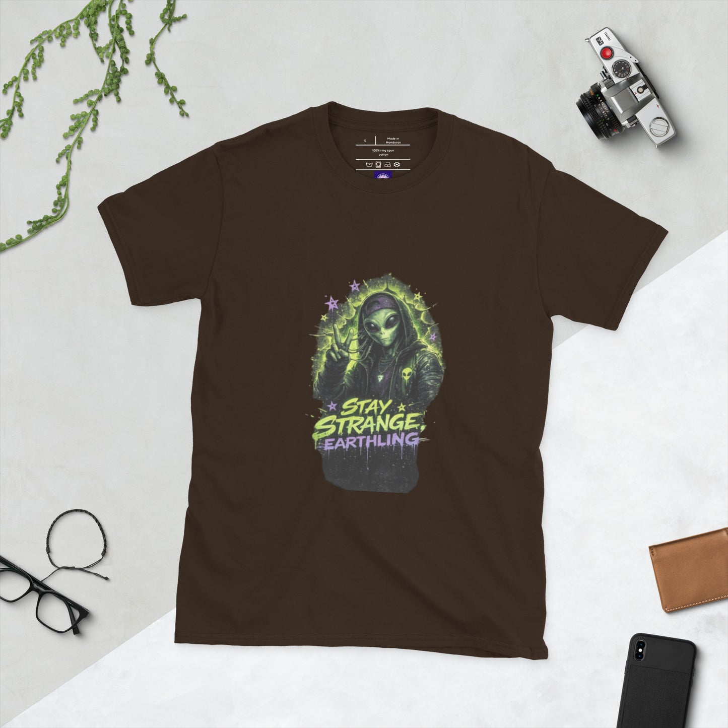 Stay Strange, Earthling – Retro Sci-Fi - Short-Sleeve Unisex T-Shirt - Graphic Tee - Dark Chocolate - Front