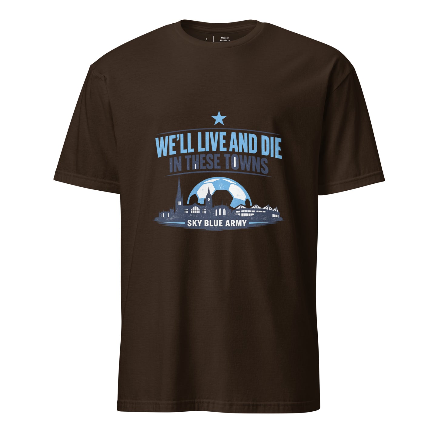 Live and Die in These Towns – Coventry Skyline - Short-Sleeve Unisex T-Shirt - Graphic Tee - Dark Chocolate - Front