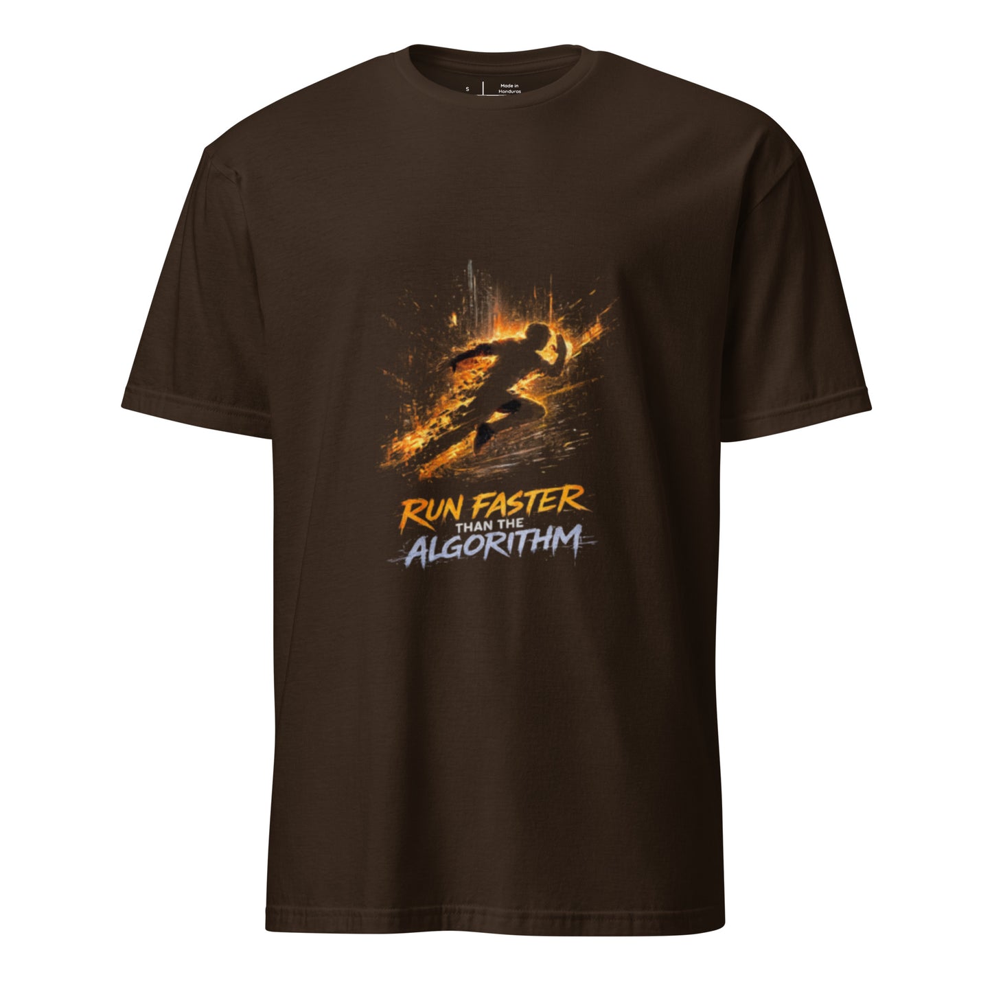 Run Faster Than The Algorithm – Cyberpunk Motion- Short-Sleeve Unisex T-Shirt - Graphic Tee - Dark Chocolate - Front