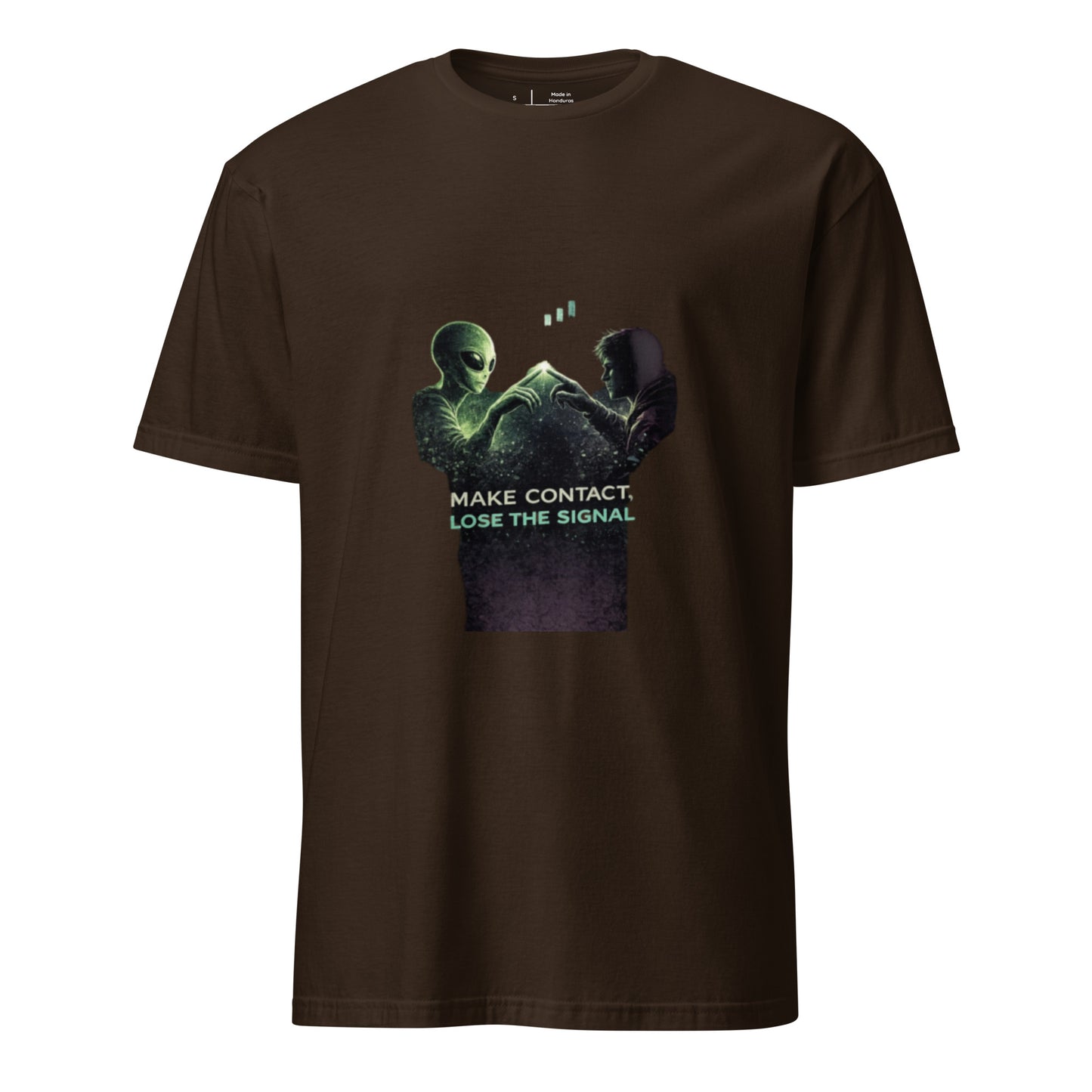 Make Contact, Lose the Signal – Minimal Sci-Fi Streetwear - Short-Sleeve Unisex T-Shirt - Graphic Tee - Dark Chocolate - Front