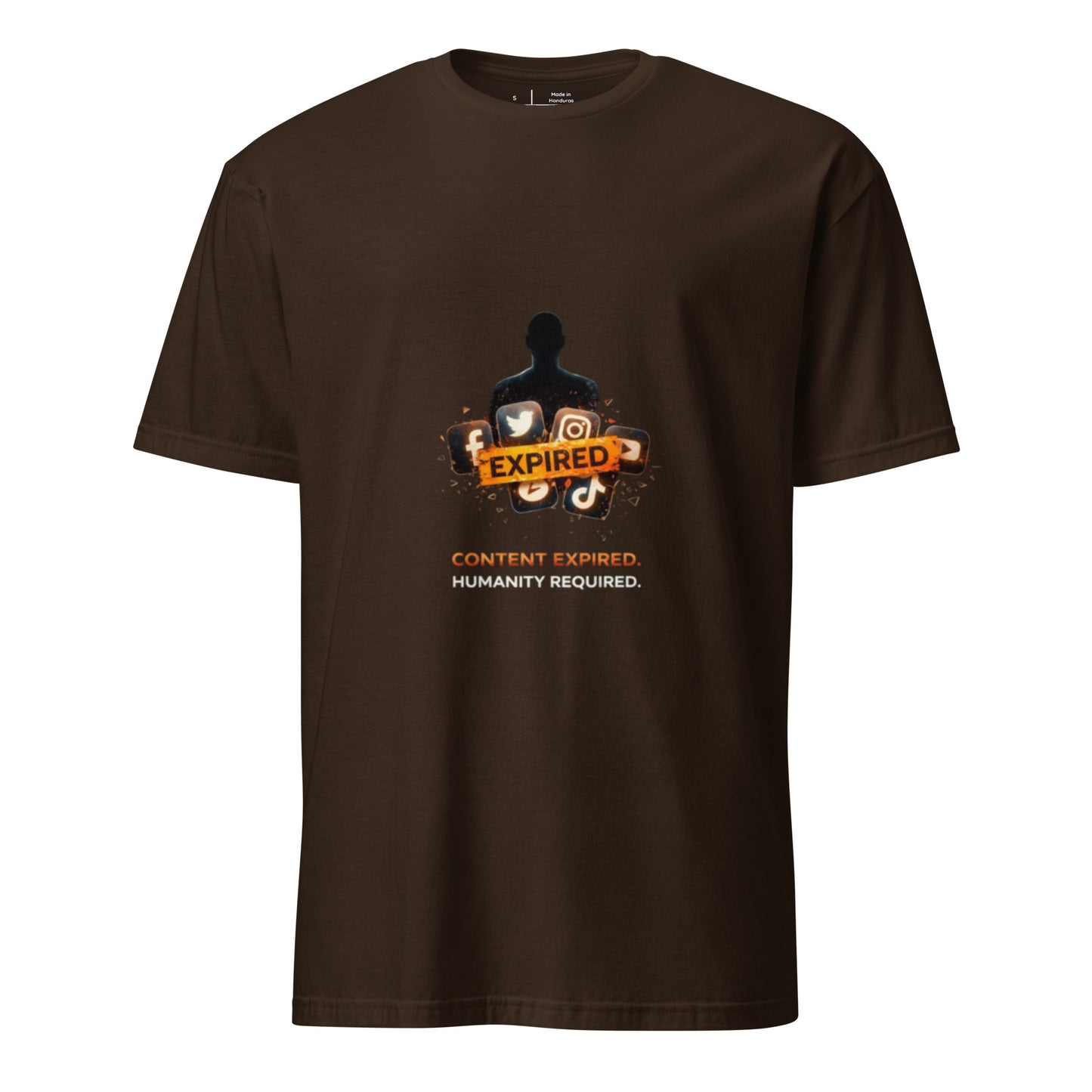 Content Expired. Humanity Required. – Cyber Propaganda - Short-Sleeve Unisex T-Shirt - Graphic Tee - Dark Chocolate - Front