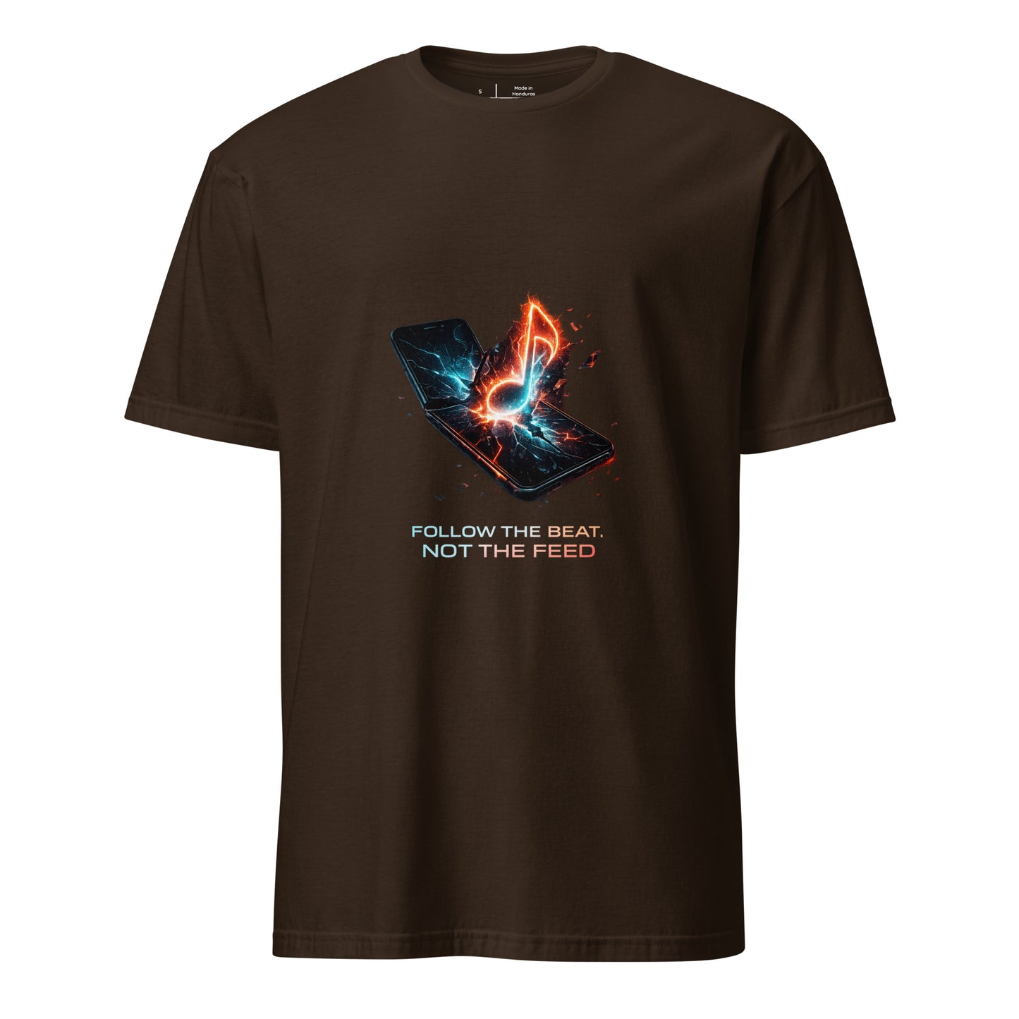 Follow The Beat, Not The Feed – Cyber Rebellion - Short-Sleeve Unisex T-Shirt - Graphic Tee - Dark Chocolate - Front