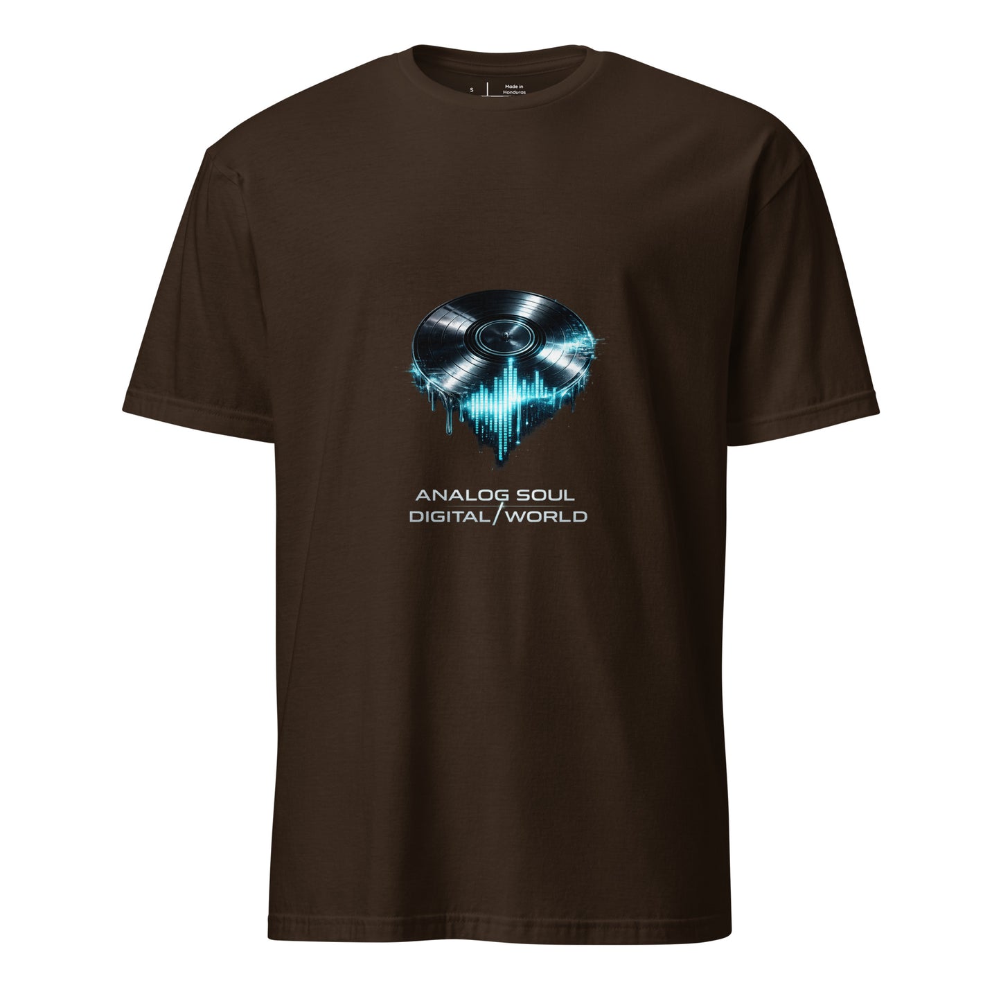 Analog Soul / Digital World – Retro Cyber Music - Short-Sleeve Unisex T-Shirt - Graphic Tee - Dark Chocolate - Front