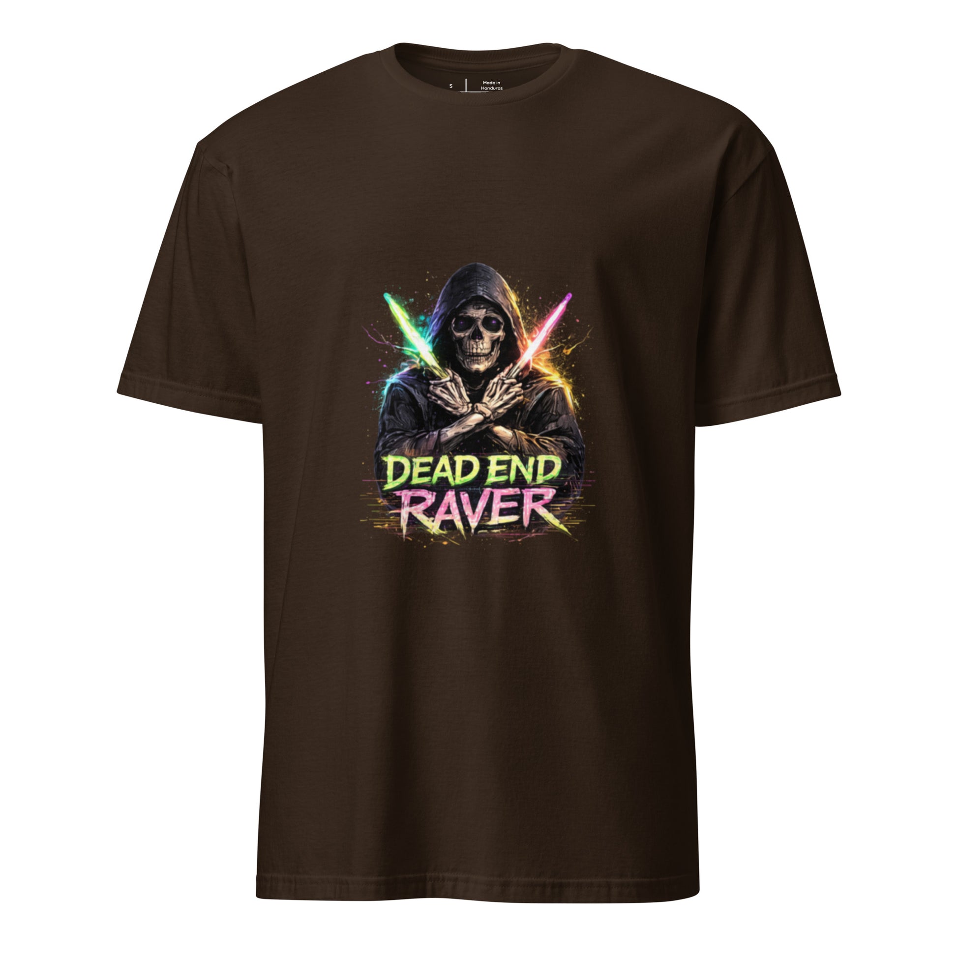 Dead End Raver – Neon Skull Rave - Short-Sleeve Unisex T-Shirt- Graphic Tee - Dark Chocolate - Front