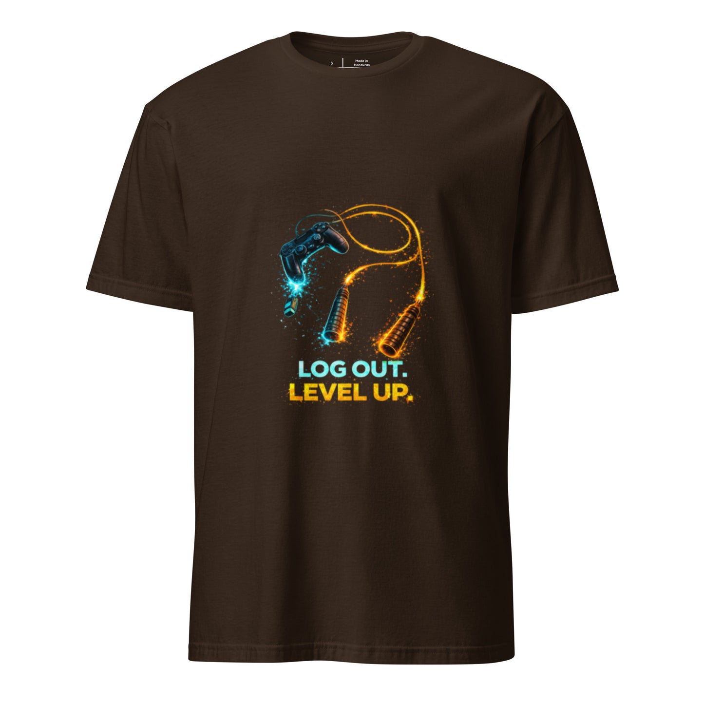 Log Out. Level Up. – Gamer Fitness Motivation - Short-Sleeve Unisex T-Shirt - Graphic Tee - Dark Chocolate - Front