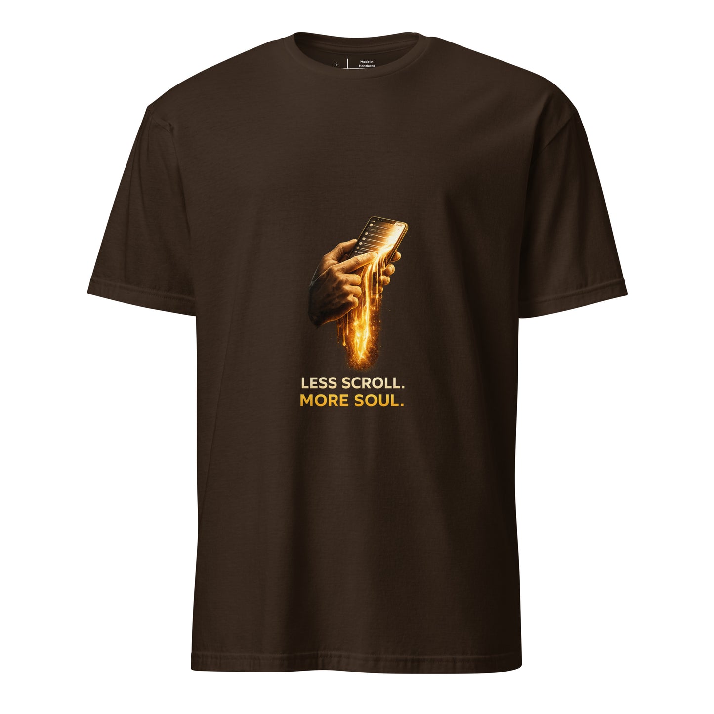 Less Scroll. More Soul. – Digital Detox - Short-Sleeve Unisex T-Shirt - Graphic Tee - Dark Chocolate - Front