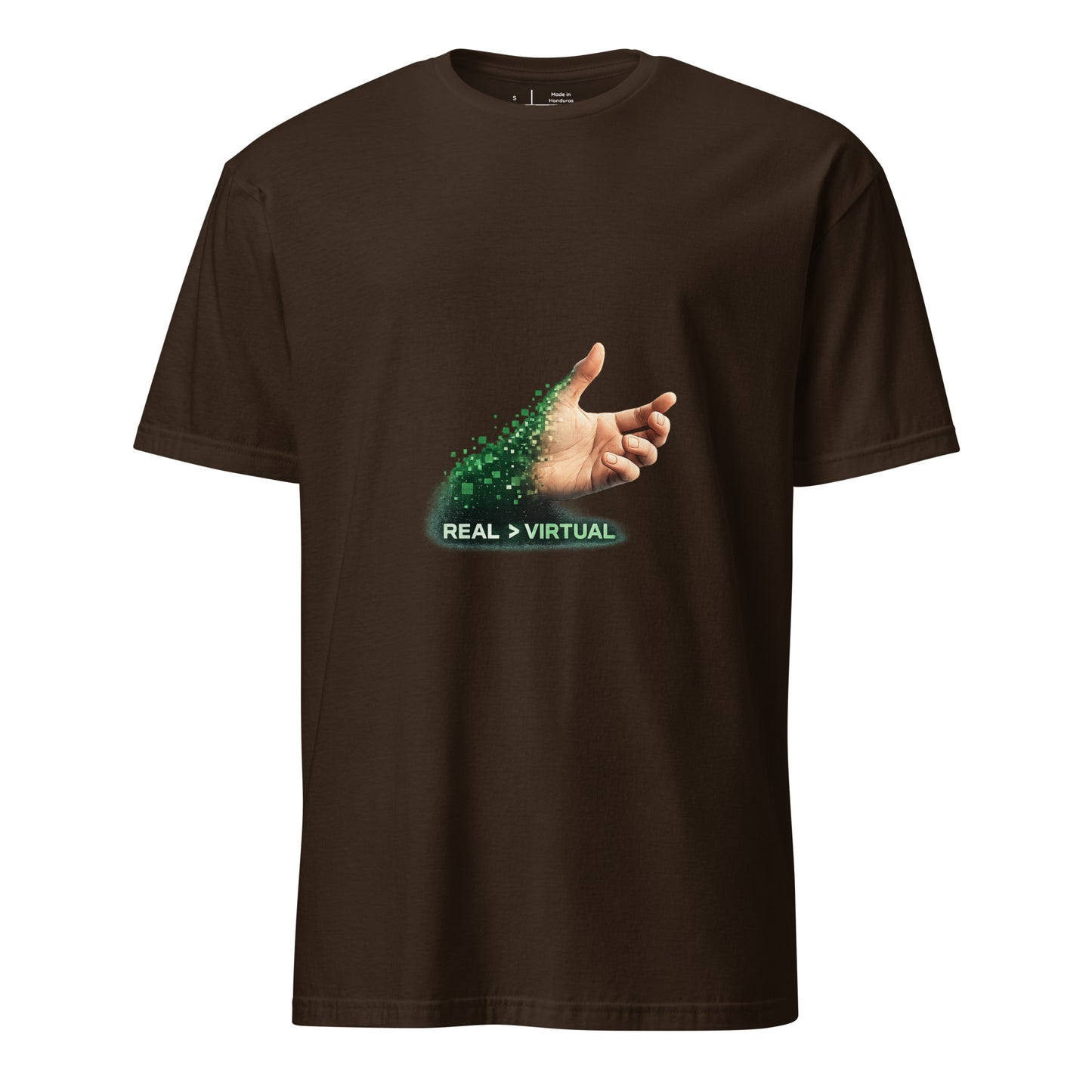 Real > Virtual – Gamer Lifestyle - Short-Sleeve Unisex T-Shirt - Graphic Tee - Dark Chocolate - Front