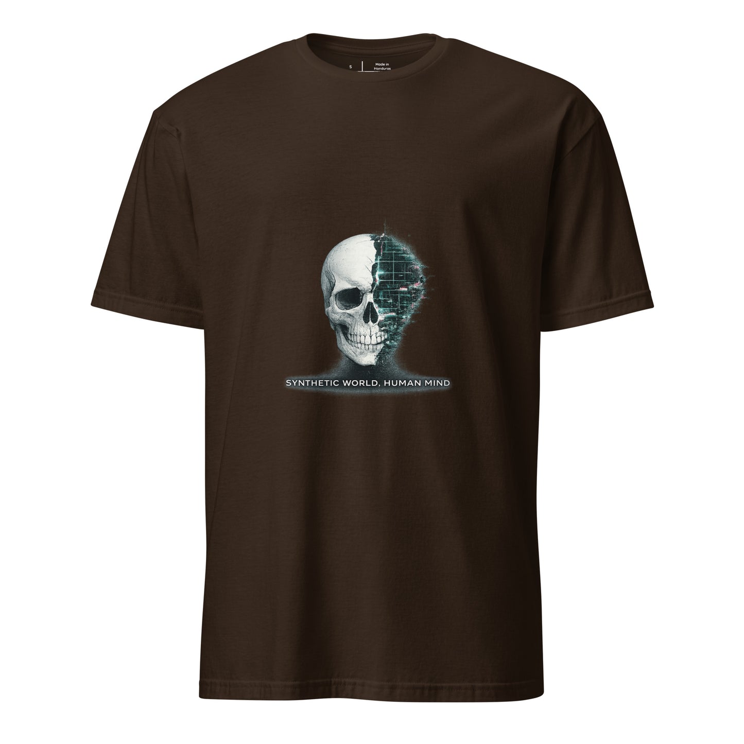 Synthetic World. Human Mind. – Glitch Philosophy - Short-Sleeve Unisex T-Shirt - Graphic Tee - Dark Chocolate - Front