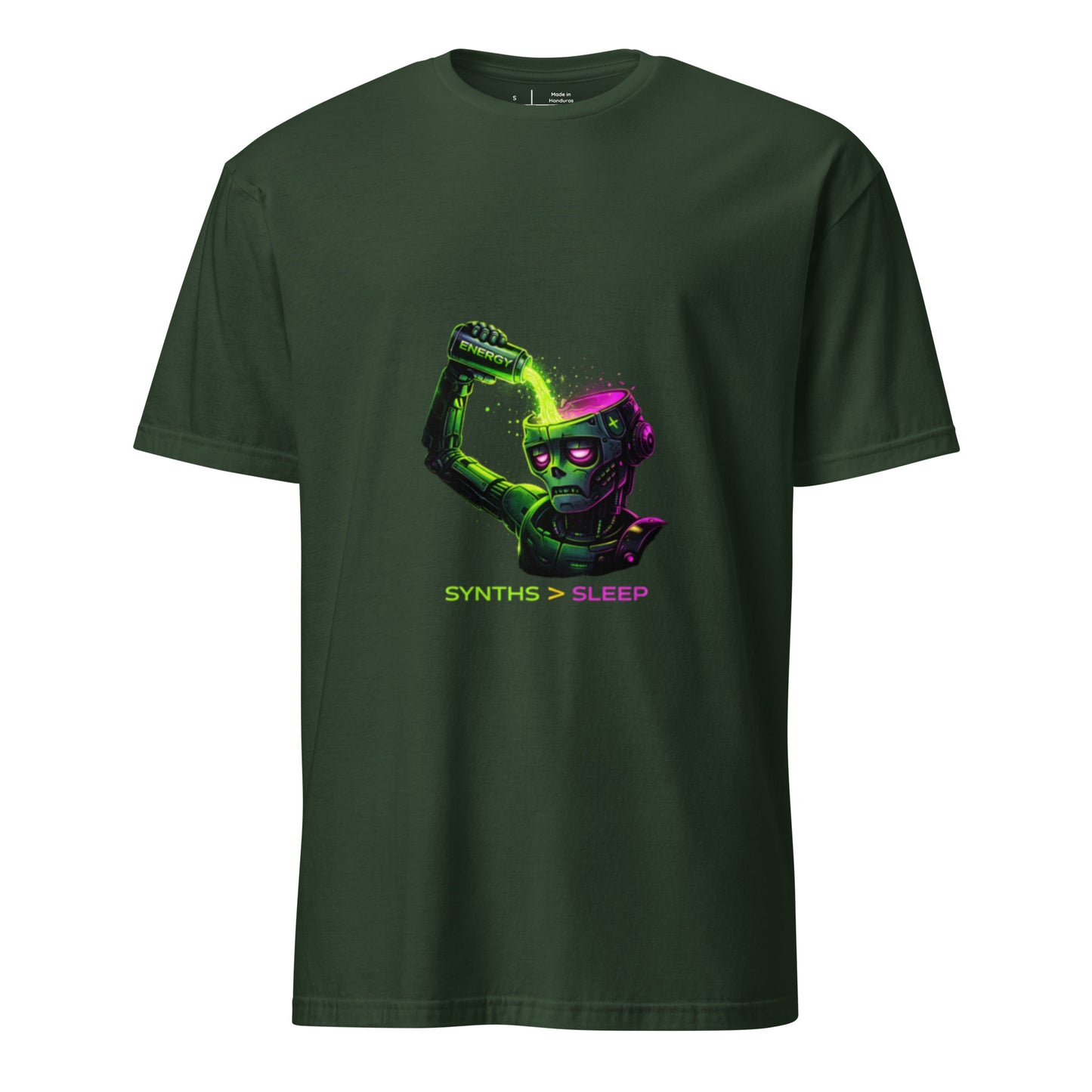 Energy Needed: Synths > Sleep – Cyber Rave - Short-Sleeve Unisex T-Shirt - Graphic Tee - Forest Green - Front