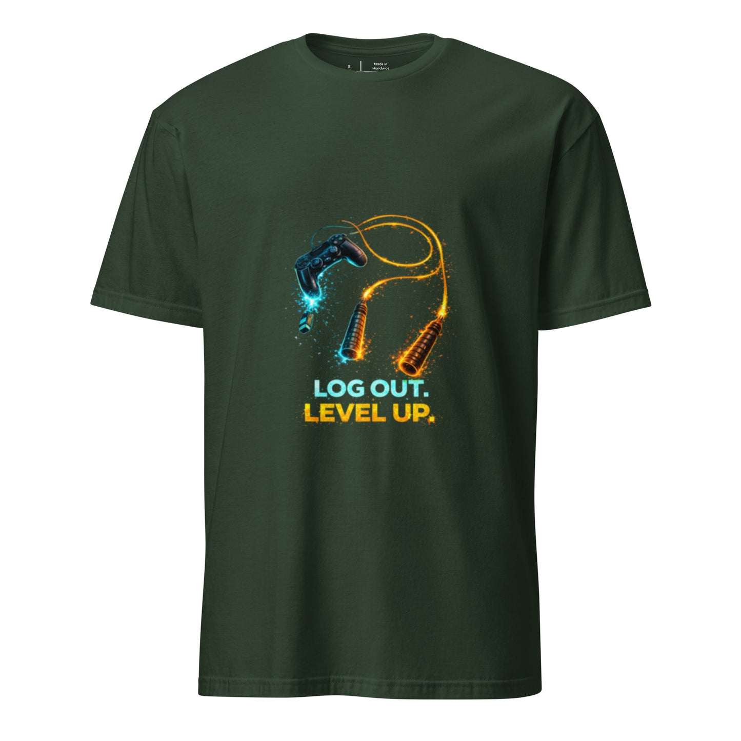 Log Out. Level Up. – Gamer Fitness Motivation - Short-Sleeve Unisex T-Shirt - Graphic Tee - Forest Green - Front