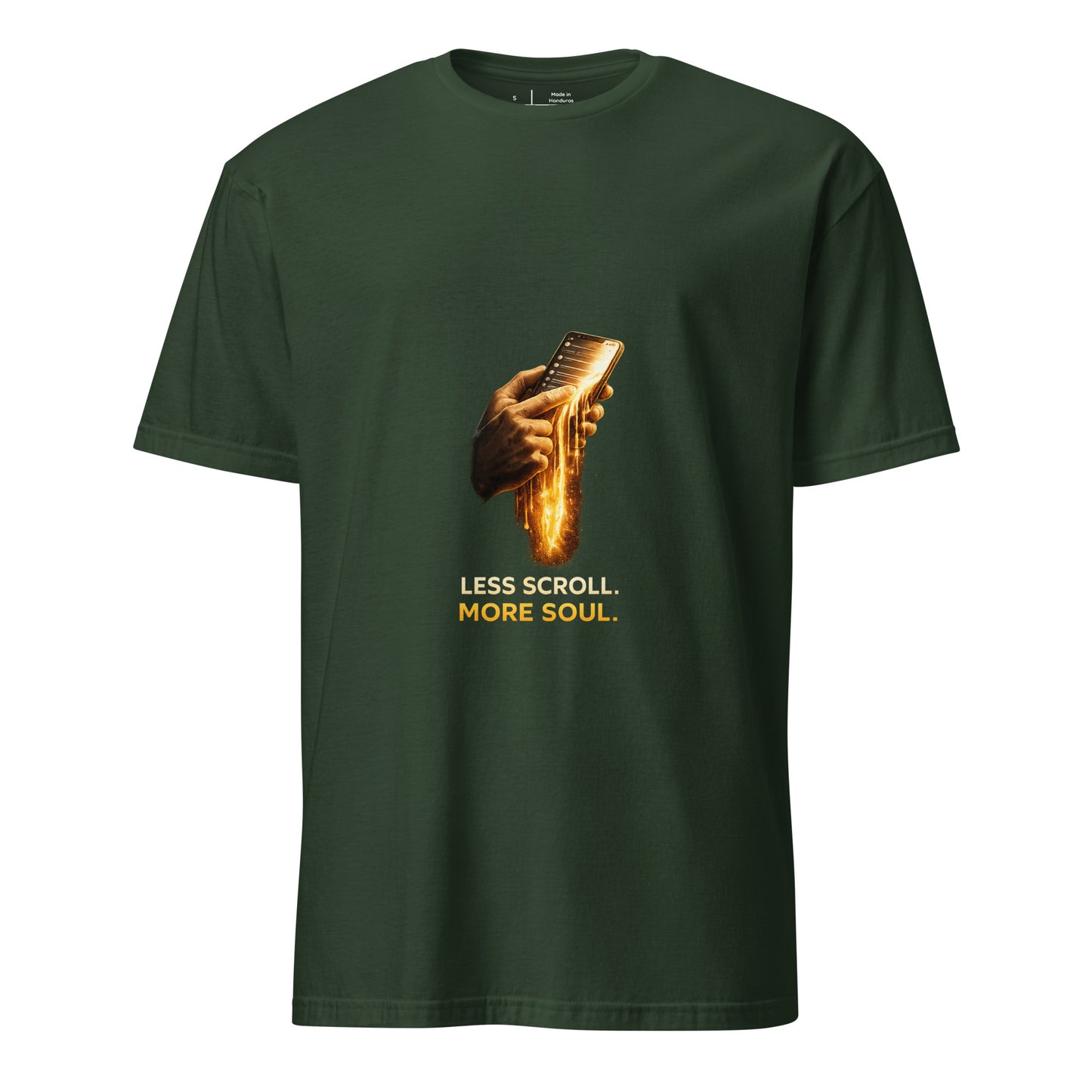 Less Scroll. More Soul. – Digital Detox - Short-Sleeve Unisex T-Shirt - Graphic Tee - Forest Green - Front