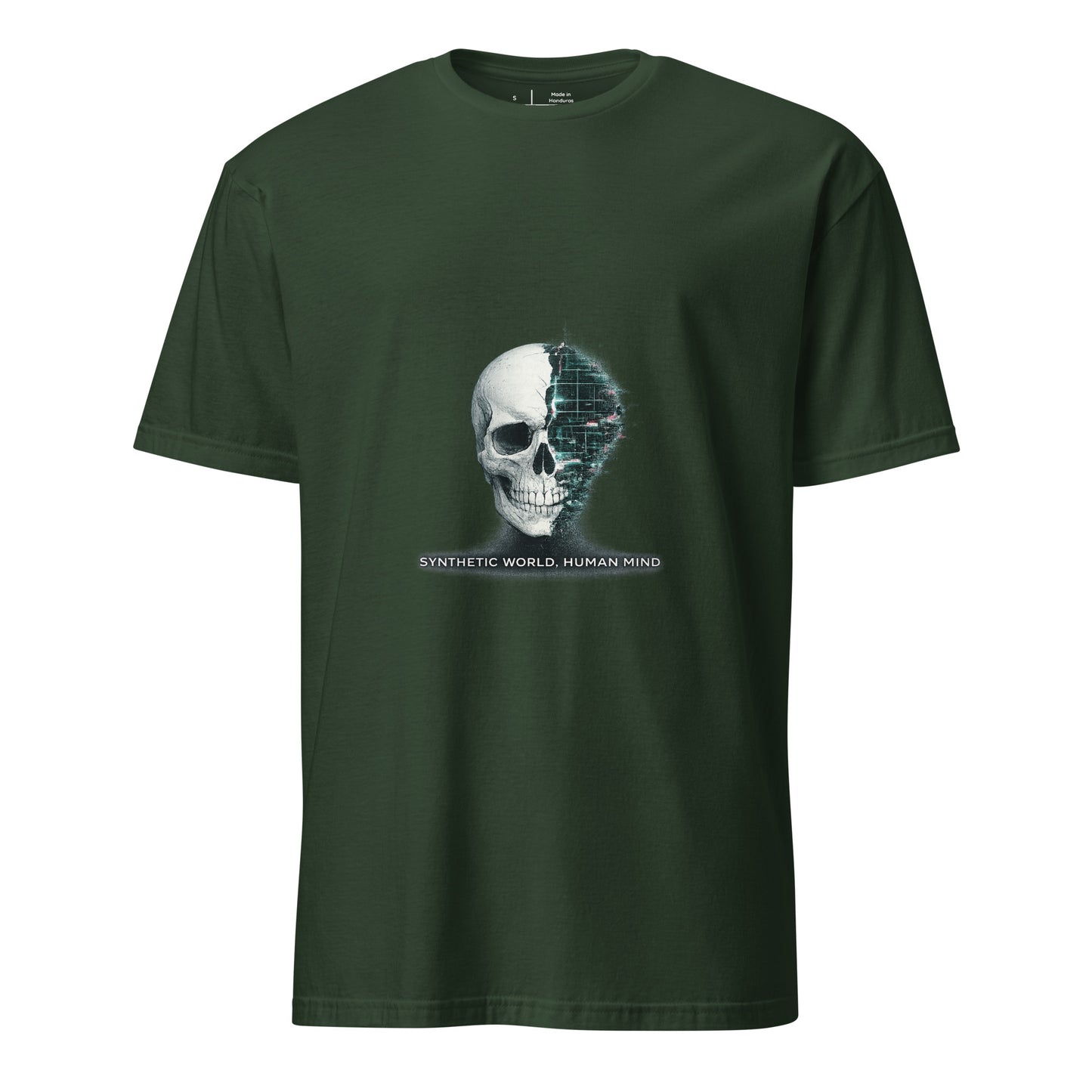 Synthetic World. Human Mind. – Glitch Philosophy - Short-Sleeve Unisex T-Shirt - Graphic Tee - Forest Green - Front