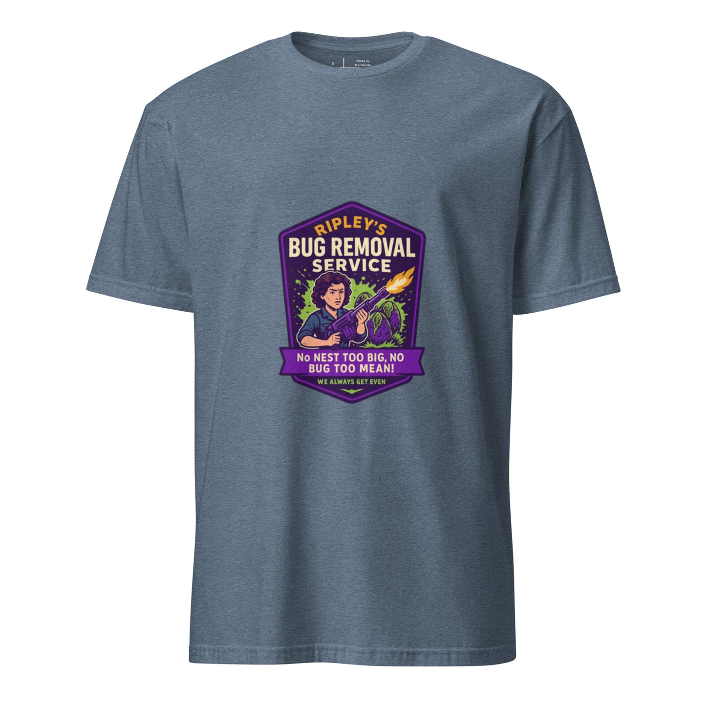 Ripley’s Bug Removal Service – Xenomorph Exterminator - Short-Sleeve Unisex T-Shirt - Graphic Tee - Heather Indigo- Front