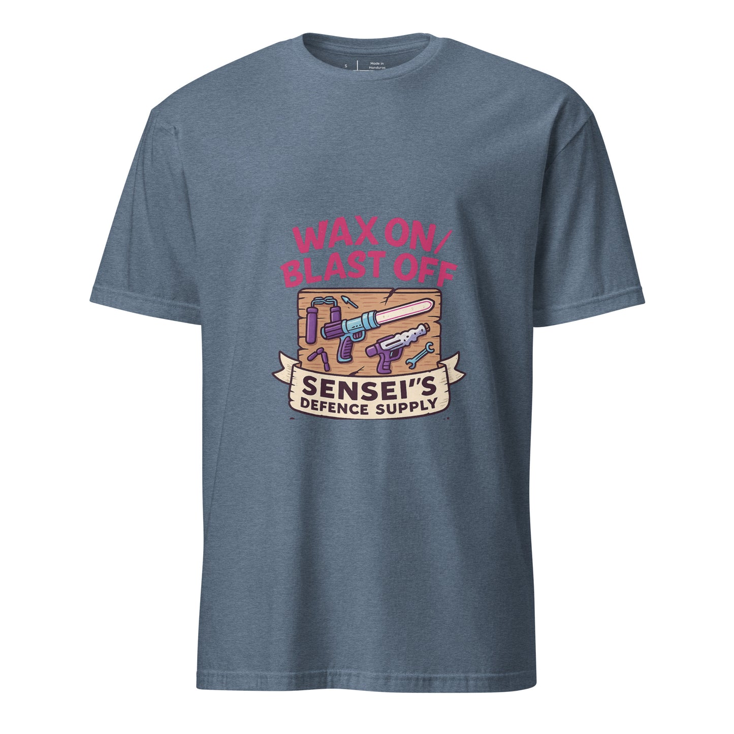 Wax On/Blast Off – Retro Karate Space - Short-Sleeve Unisex T-Shirt - Graphic Tee - Heather Indigo - Front