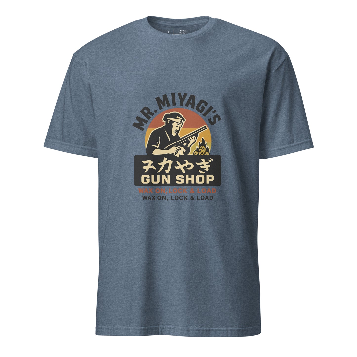 Mr. Miyagi’s Gun Shop – Wax On, Lock & Load - Short-Sleeve Unisex T-Shirt - Graphic Tee - Heather Indigo - Front
