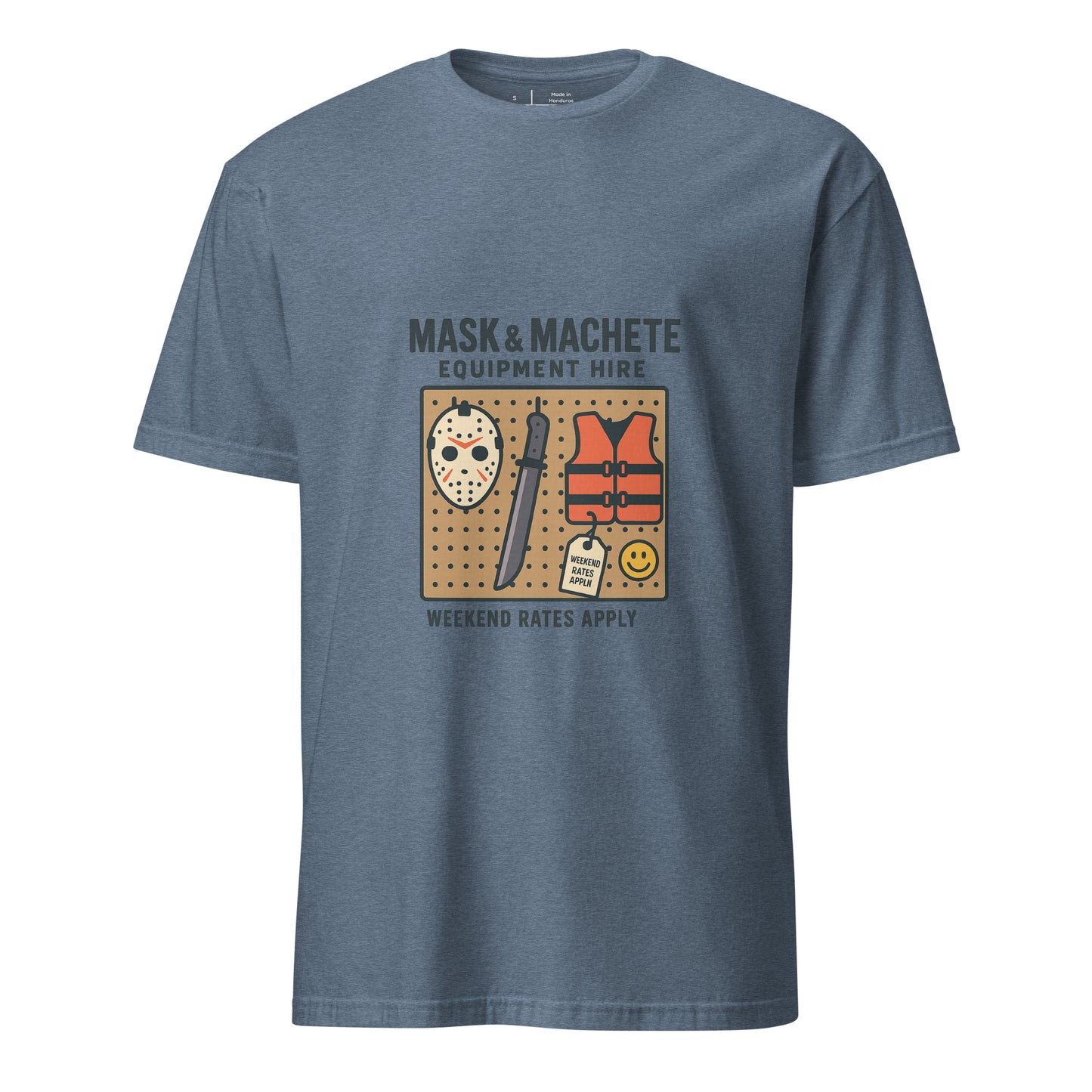 Mask & Machete Equipment Hire – For All Your Slasher Needs - Short-Sleeve Unisex T-Shirt - Graphic Tee - Heather Indigo - Front