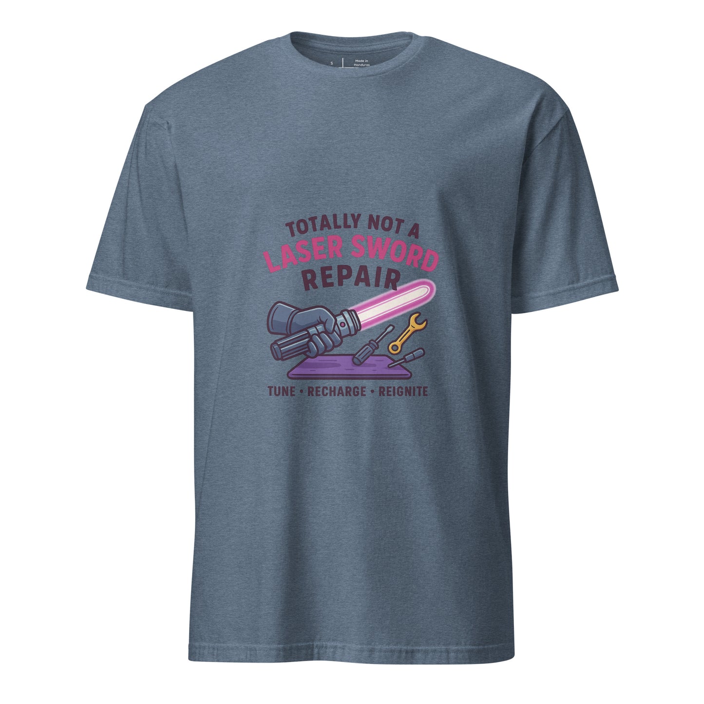 Totally Not A Laser Sword Repair – Galactic Fixes, Off The Books - Short-Sleeve Unisex T-Shirt - Graphic Tee -
Heather Indigo - Front