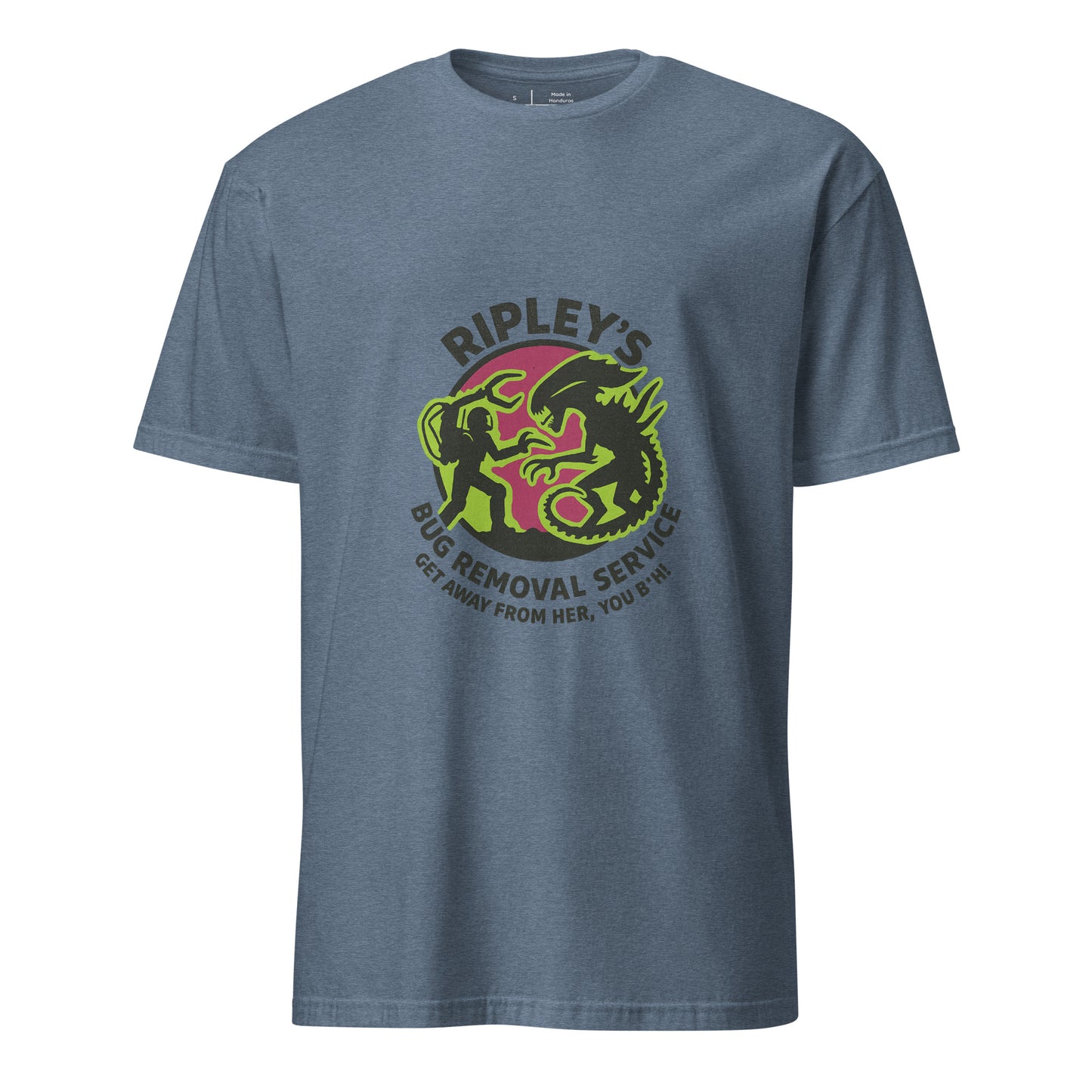 Ripley’s Bug Removal Service – Sci-Fi Parody - Short-Sleeve Unisex T-Shirt - Graphic Tee - Heather Indigo - Front