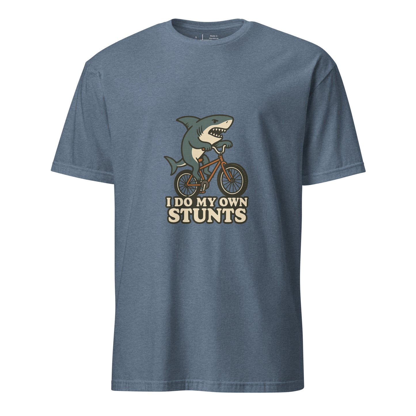 I Do My Own Stunts – Cartoon Shark BMX  - Short-Sleeve Unisex T-Shirt - Graphic Tee - Heather Indigo - Front