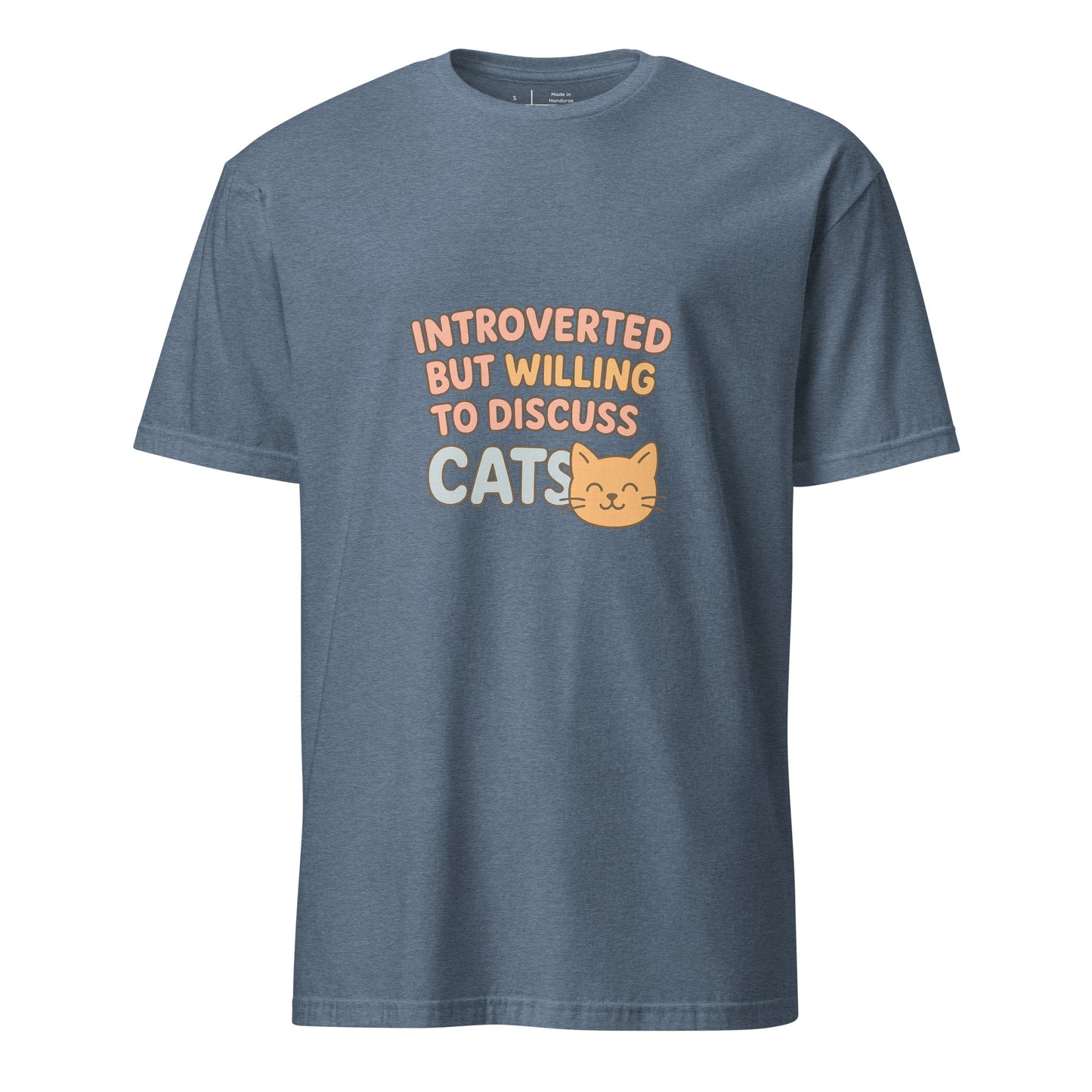 Introverted But Willing To Discuss Cats – Cozy Cat Lovers - Short-Sleeve Unisex T-Shirt - Graphic Tee - Heather Indigo - Front
