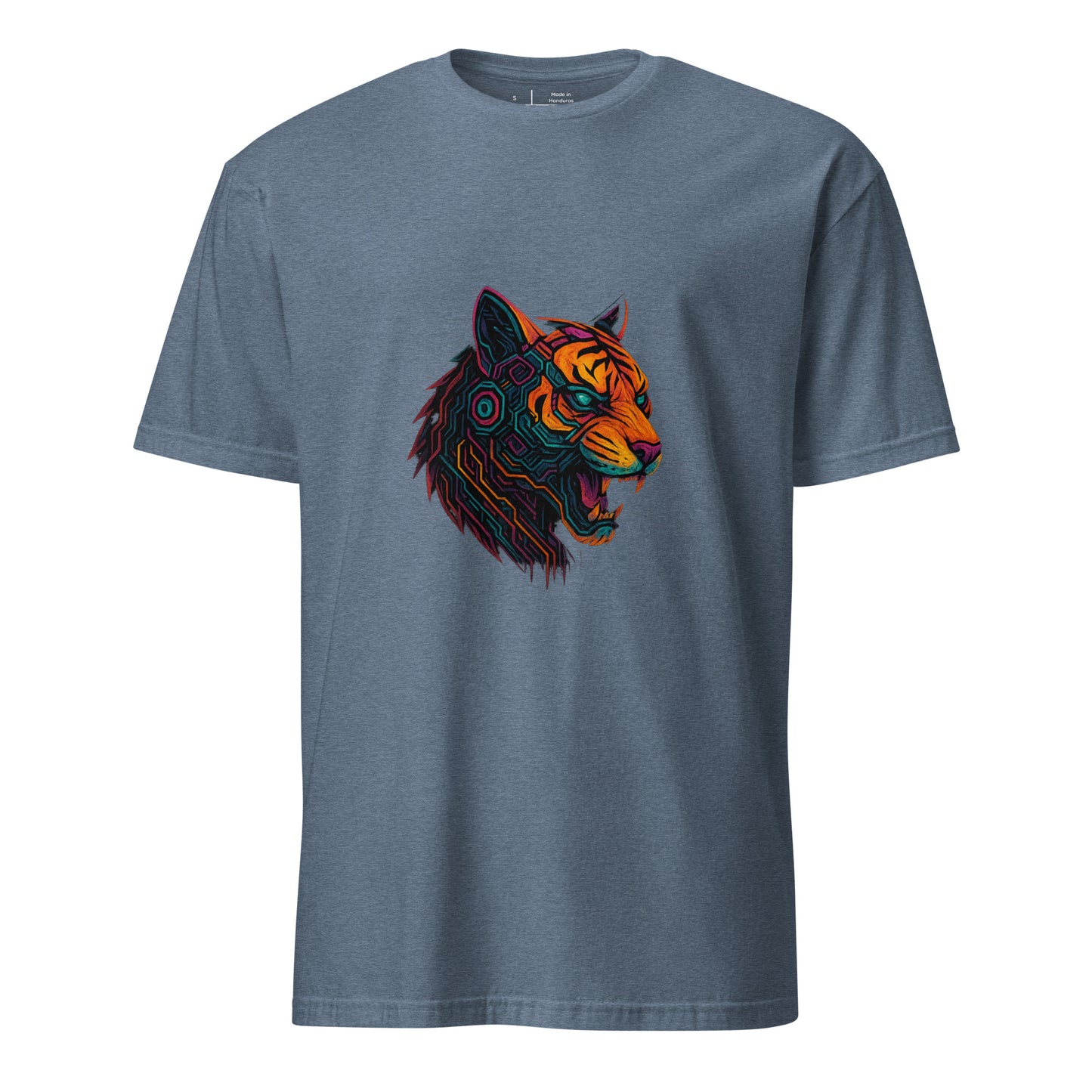 Cyber Tiger – Neon Predator - Short-Sleeve Unisex T-Shirt - Graphic Tee - Heather Indigo - Front