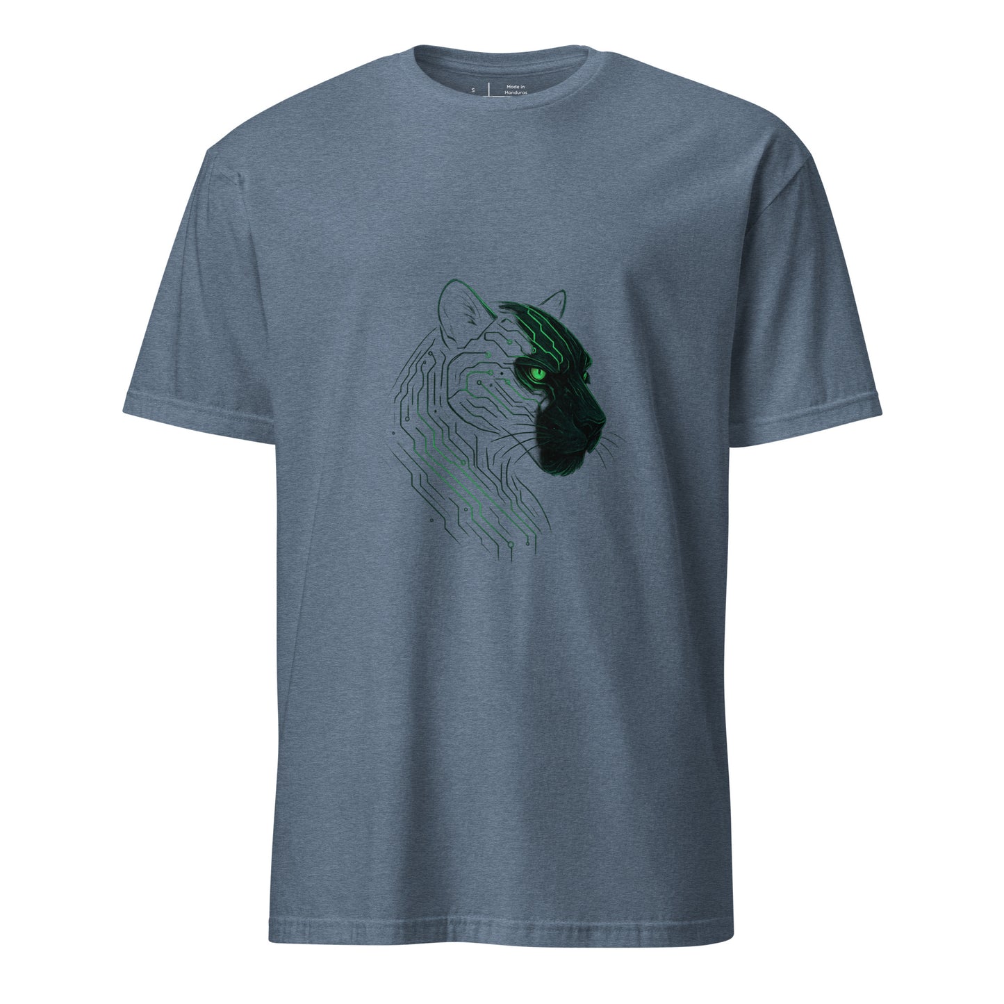 The Circuit Panther – Shadow & Circuitry - Short-Sleeve Unisex T-Shirt - Graphic Tee - Heather Indigo - Front 