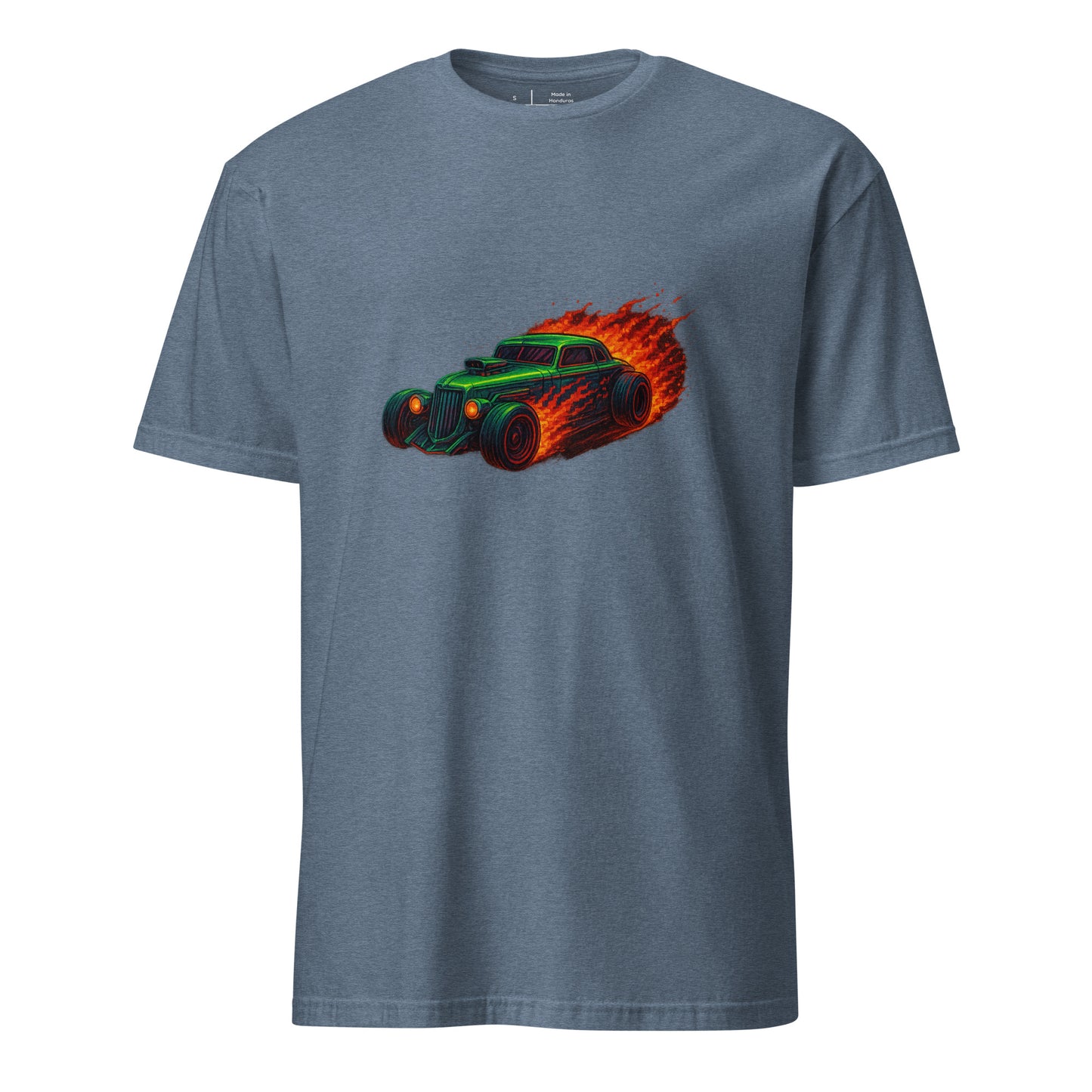 Pixel Hot Rod – Retro Fire Meets Digital - Short-Sleeve Unisex T-Shirt - Graphic Tee - Heather Indigo - Front