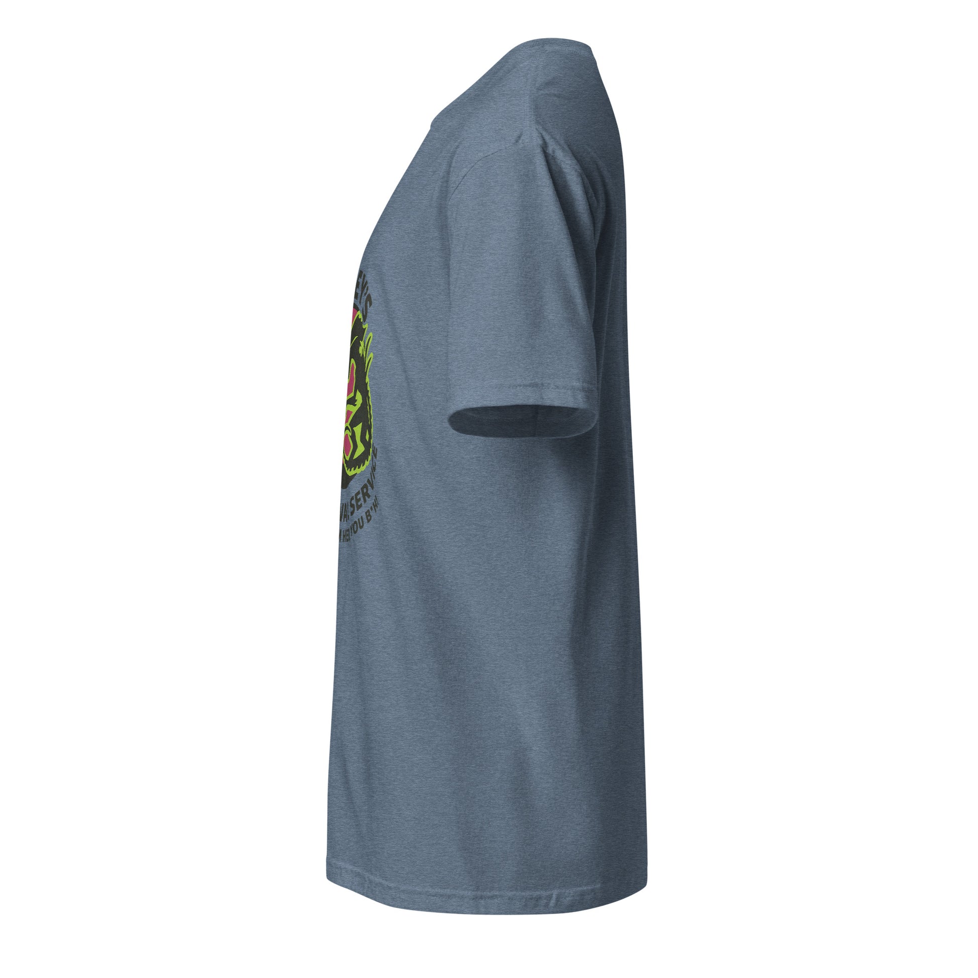 Ripley’s Bug Removal Service – Sci-Fi Parody - Short-Sleeve Unisex T-Shirt - Graphic Tee - Heather Indigo - Left side