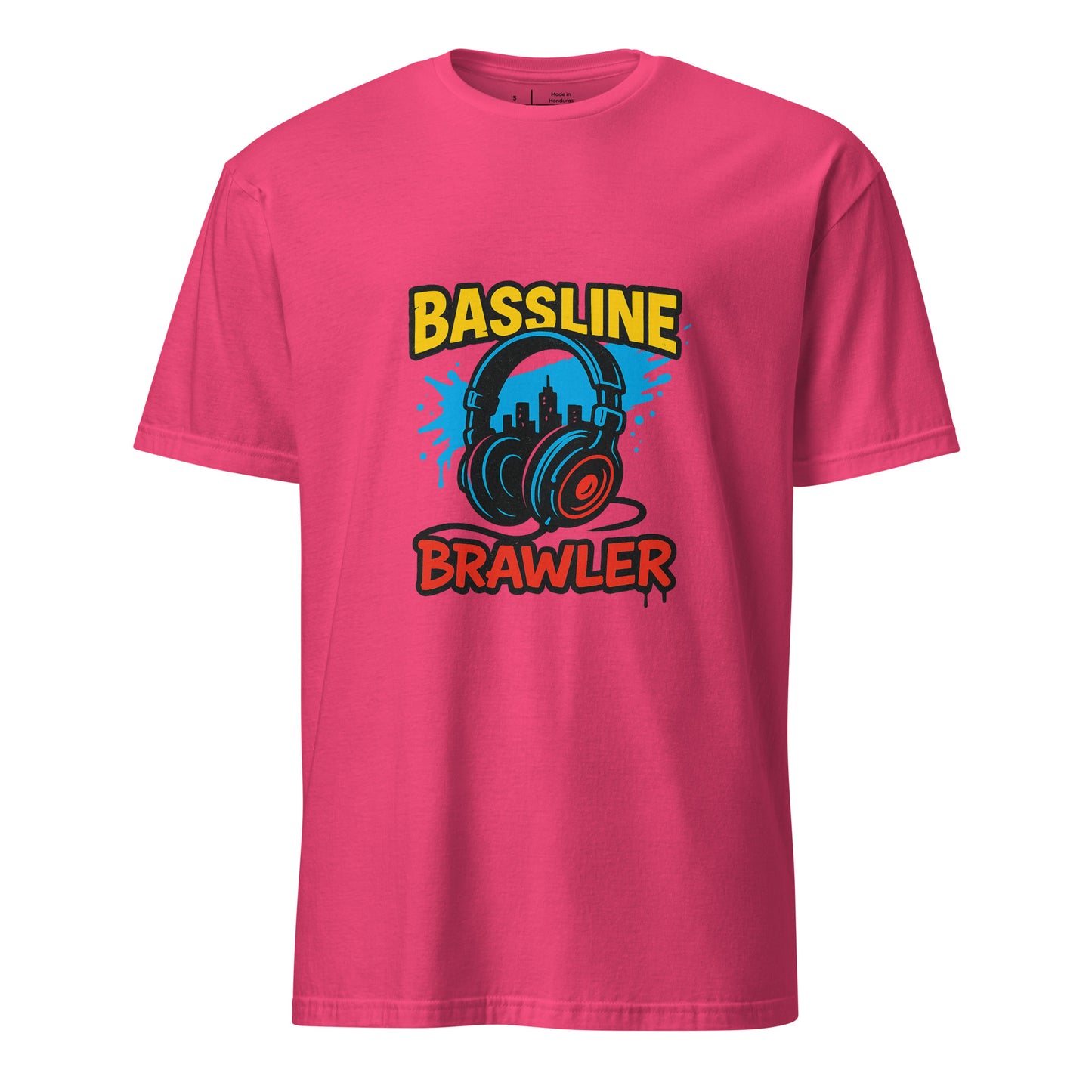Bassline Brawler - Battle-Ready Beats - Short-Sleeve Unisex T-Shirt - Graphic Tee - Heliconia - Front