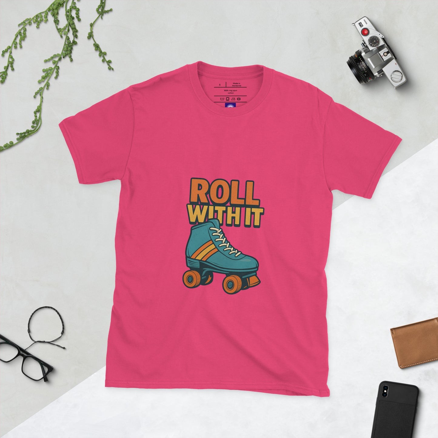 Roll With It - Retro Roller Skate Vibes - Short-Sleeve Unisex T-Shirt - Graphic Tee - Heliconia - Front