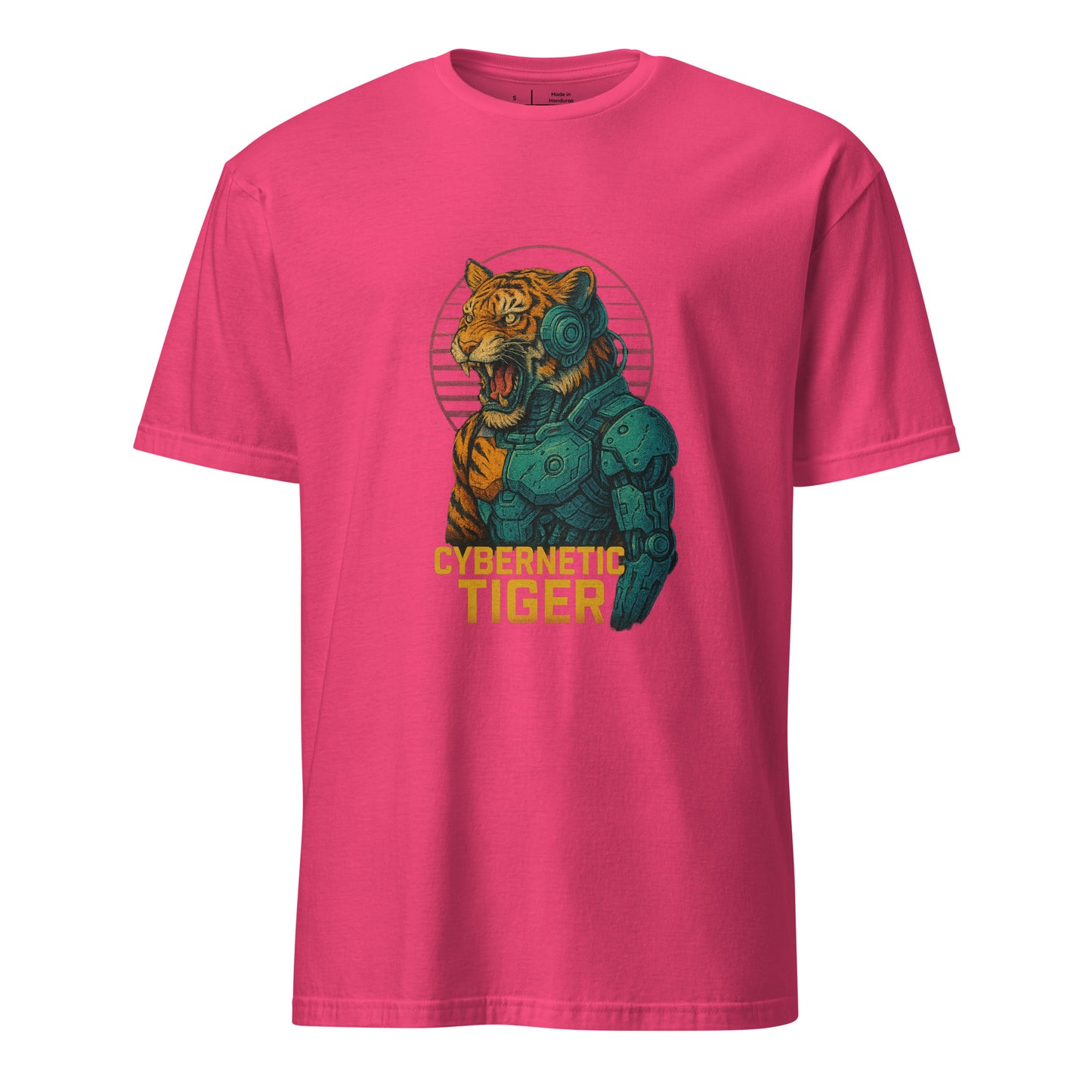 Cybernetic Tiger - Futuristic Ferocity - Short-Sleeve Unisex T-Shirt - Graphic Tee - Heliconia - Front