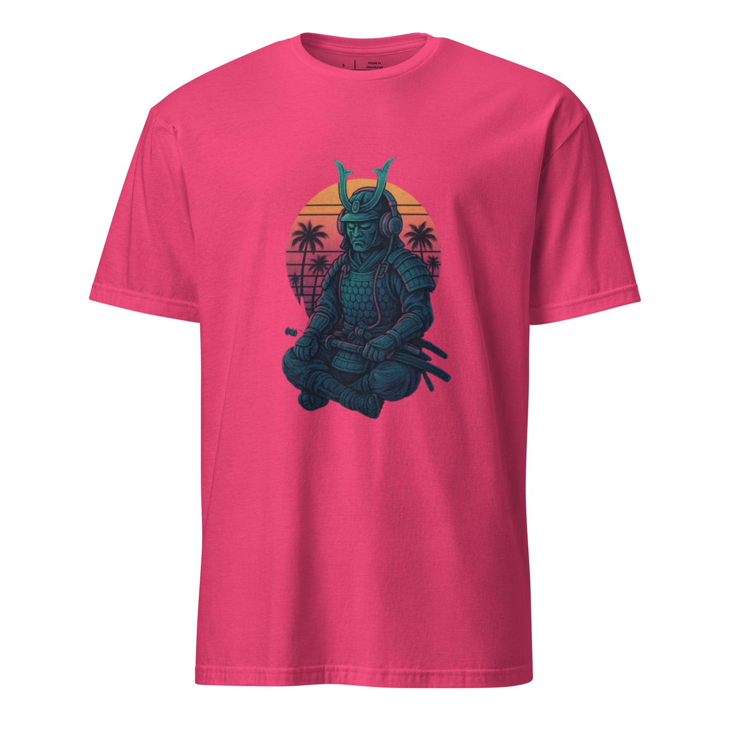 Headphone Samurai - Balance Meets Beats - Short-Sleeve Unisex T-Shirt - Graphic Tee - Heliconia - Front