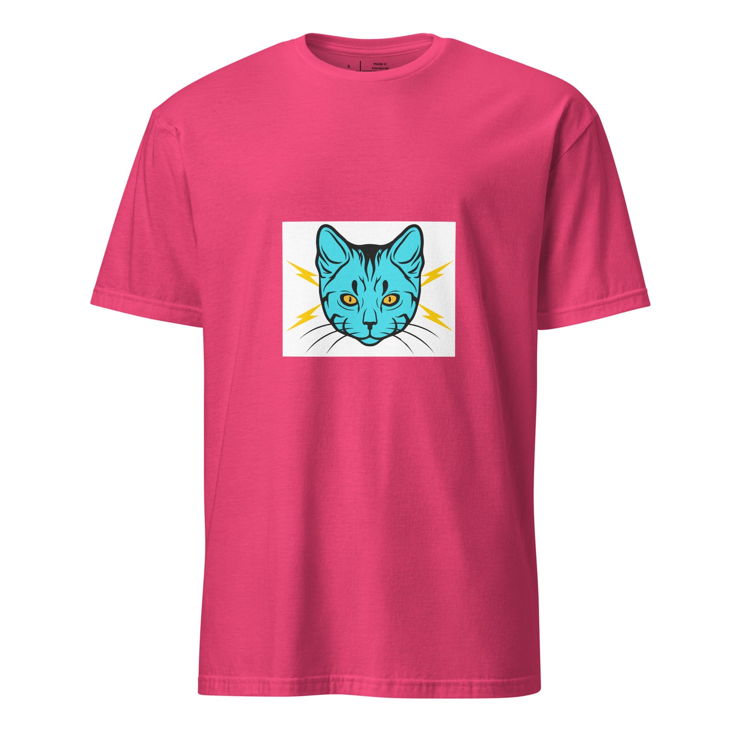 Electro Cat - Urban Cartoon Feline - Short-Sleeve Unisex T-Shirt - Graphic Tee - Heliconia - Front