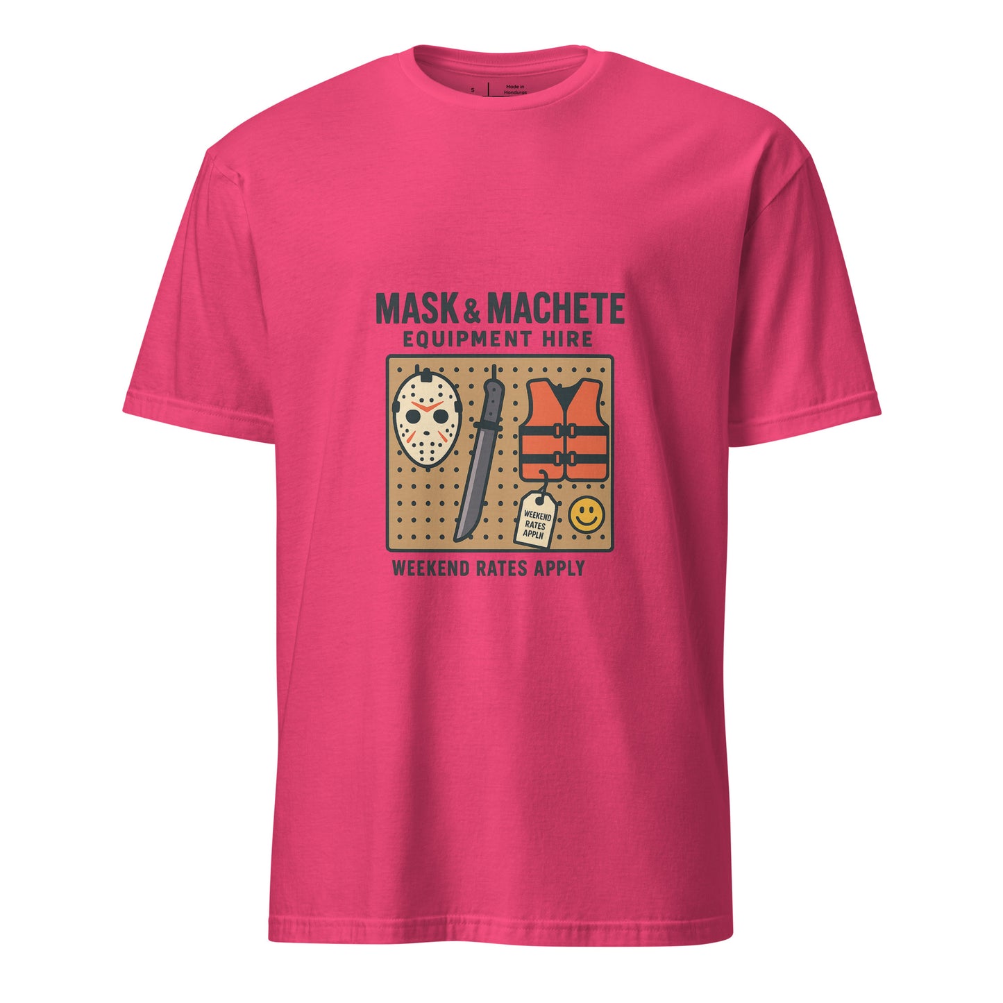 Mask & Machete Equipment Hire – For All Your Slasher Needs - Short-Sleeve Unisex T-Shirt - Graphic Tee - Heliconia - Front