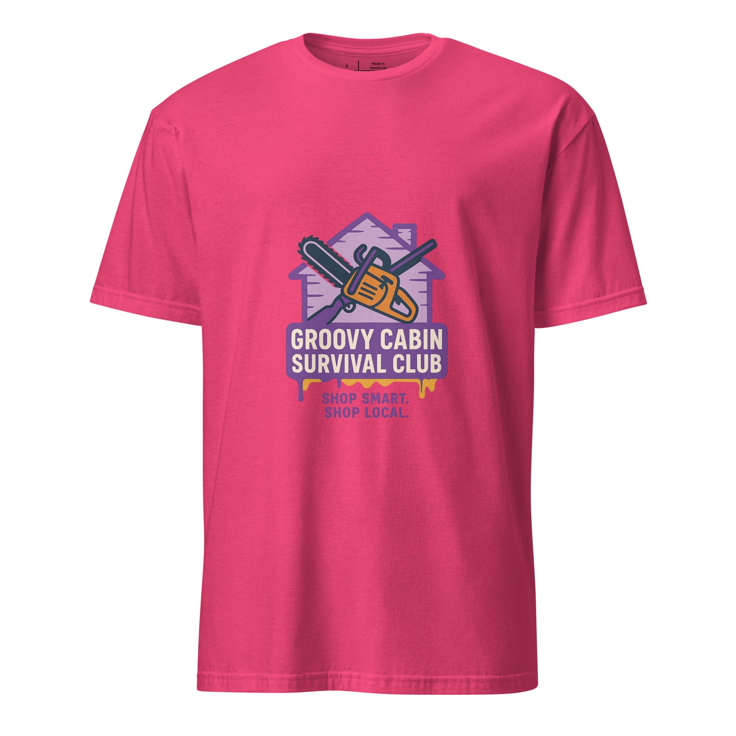 Groovy Cabin- Retro Horror Vibes - Short-Sleeve Unisex T-Shirt - Graphic Tee - Heliconia - Front
