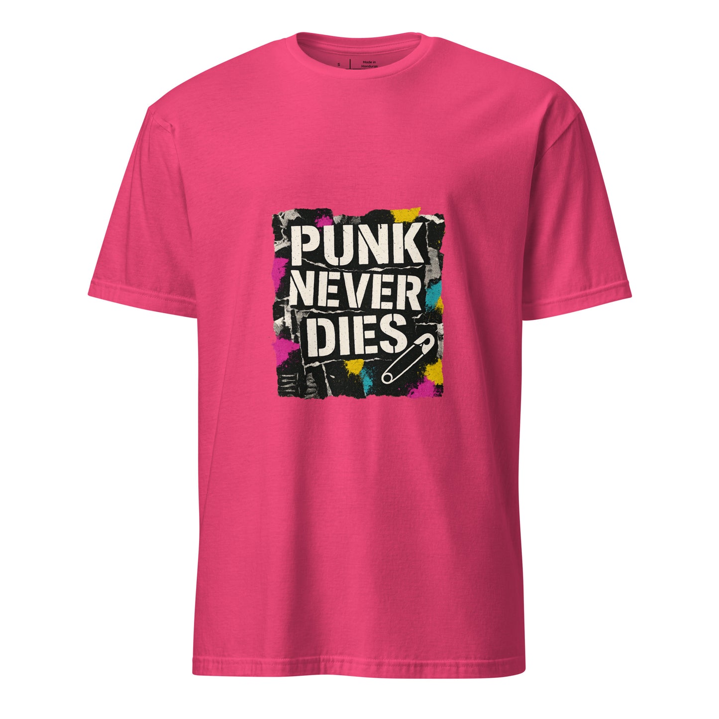 Punk Never Dies – Retro Punk Rock - Short-Sleeve Unisex T-Shirt - Graphic Tee - Heliconia - Front