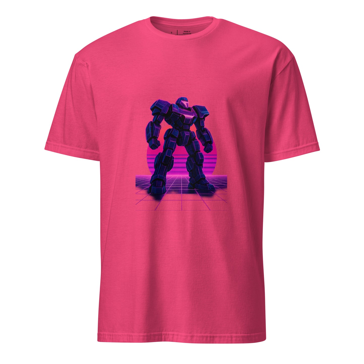 Synthwave Mech – Neon Titan - Short-Sleeve Unisex T-Shirt - Graphic Tee - Heliconia - Front