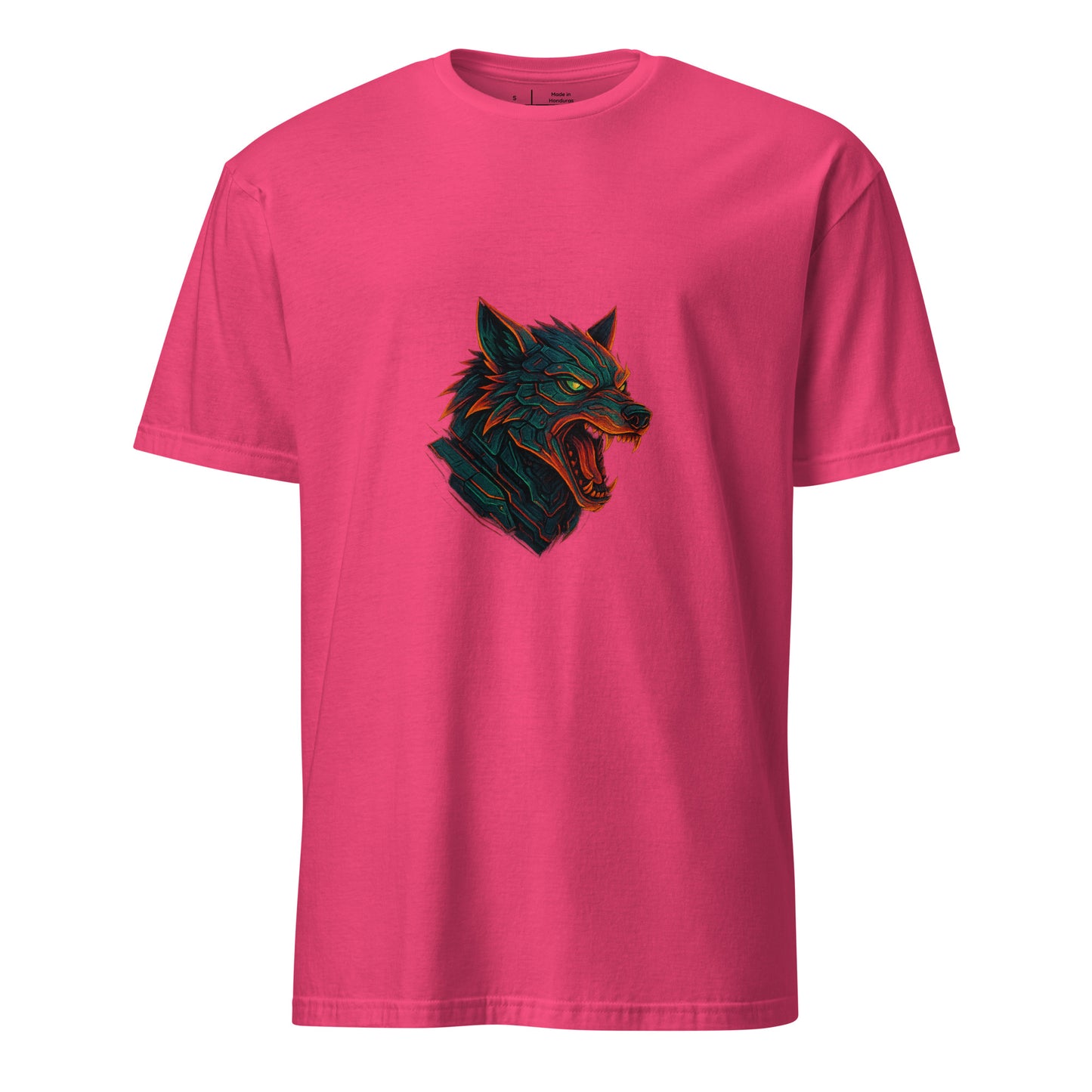 The Wolf Overdrive – Cyber Wolf Unleashed - Short-Sleeve Unisex T-Shirt - Graphic Tee - Heliconia - Front
