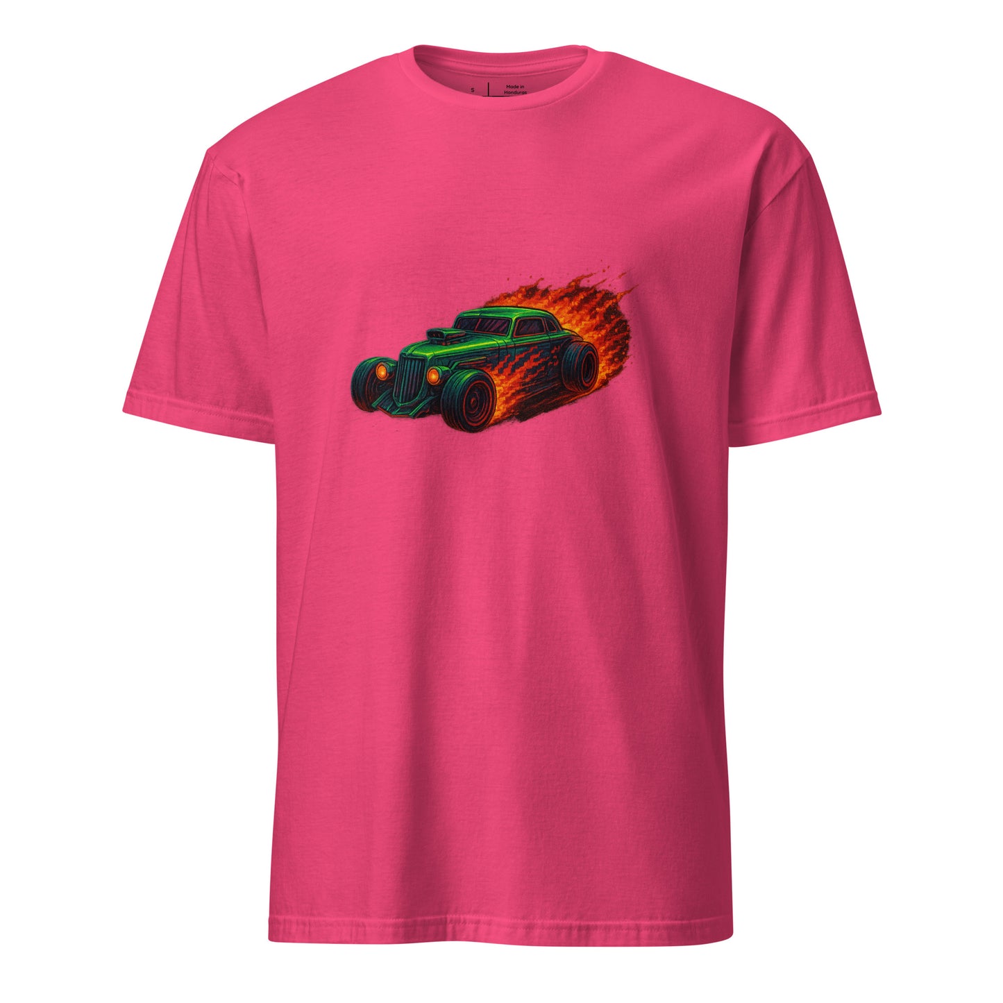 Pixel Hot Rod – Retro Fire Meets Digital - Short-Sleeve Unisex T-Shirt - Graphic Tee - Heliconia - Front